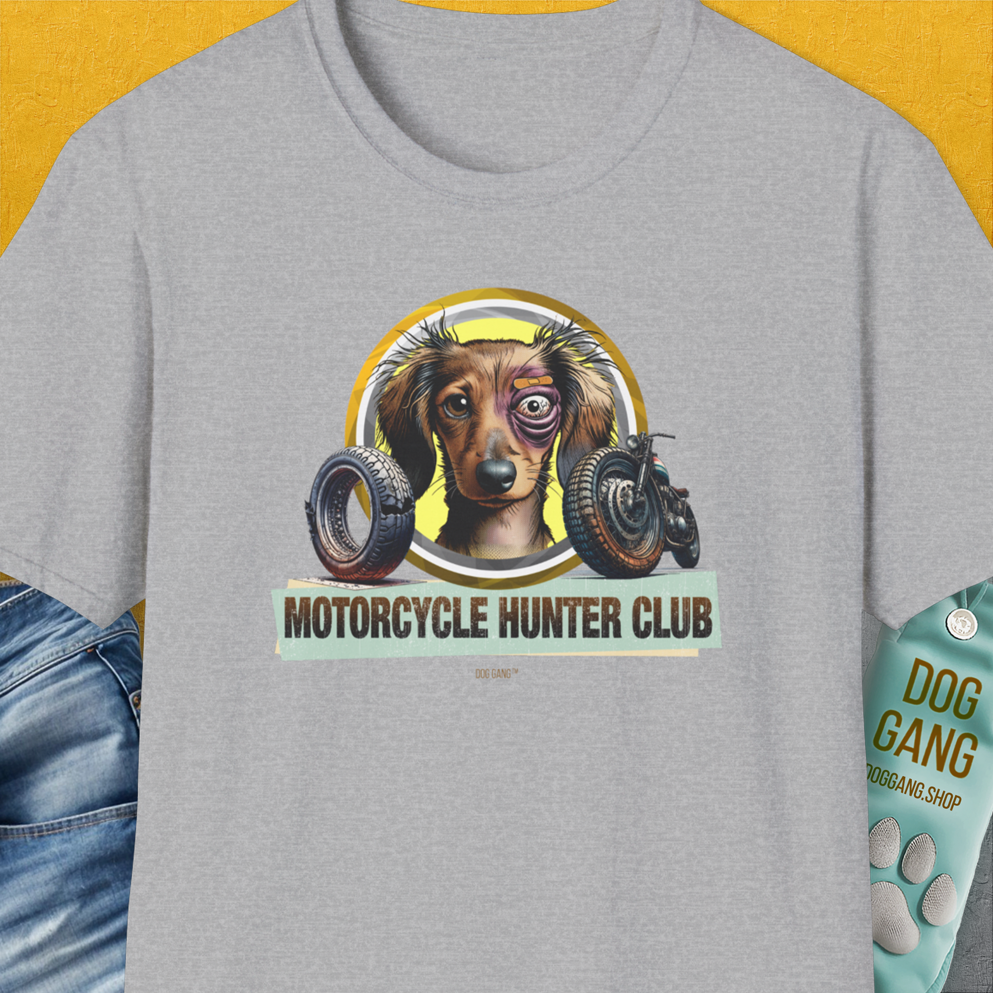 Motorcycle Hunter Club, Volume 5 (Dackel / Dachshund), Unisex T-Shirt-Sport Grey. A perfect gift for dog lovers and dog owners. Design by Dog Gang