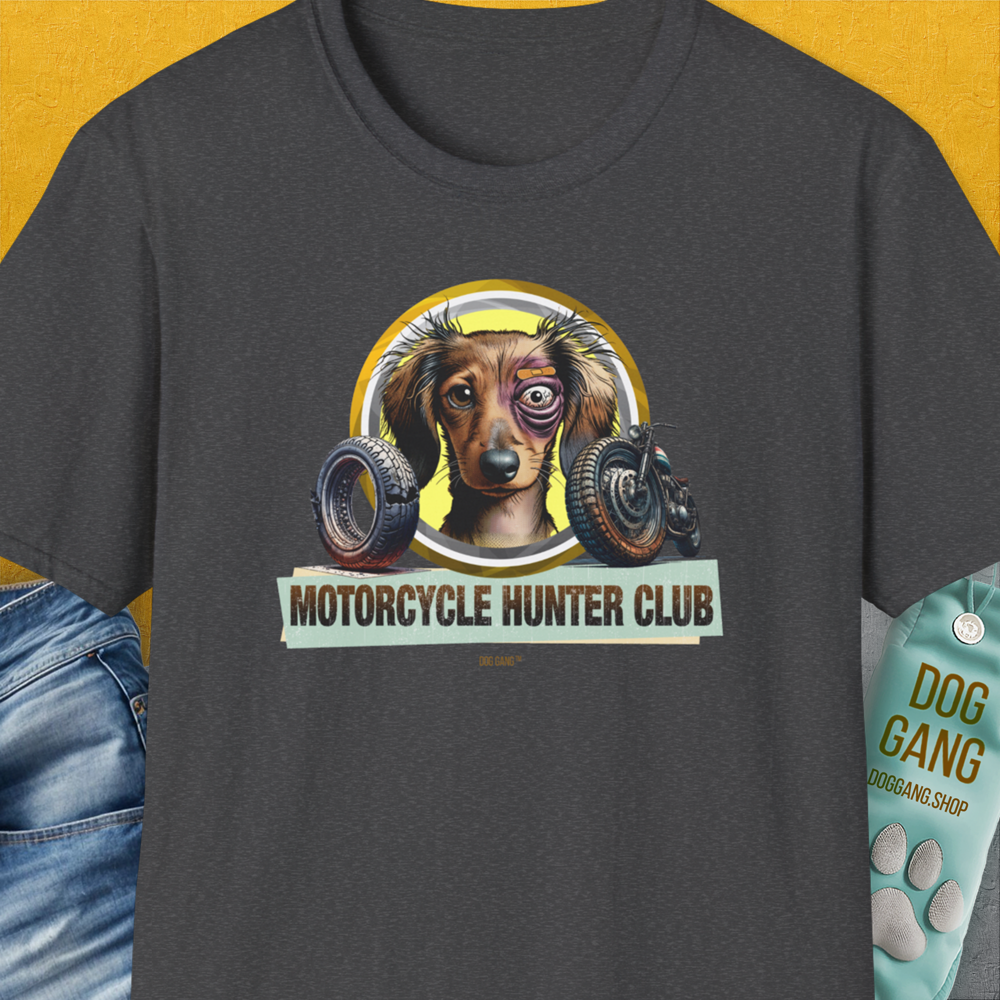 Motorcycle Hunter Club, Volume 5 (Dackel / Dachshund), Unisex T-Shirt-Dark Heather, Design by Dog Gang