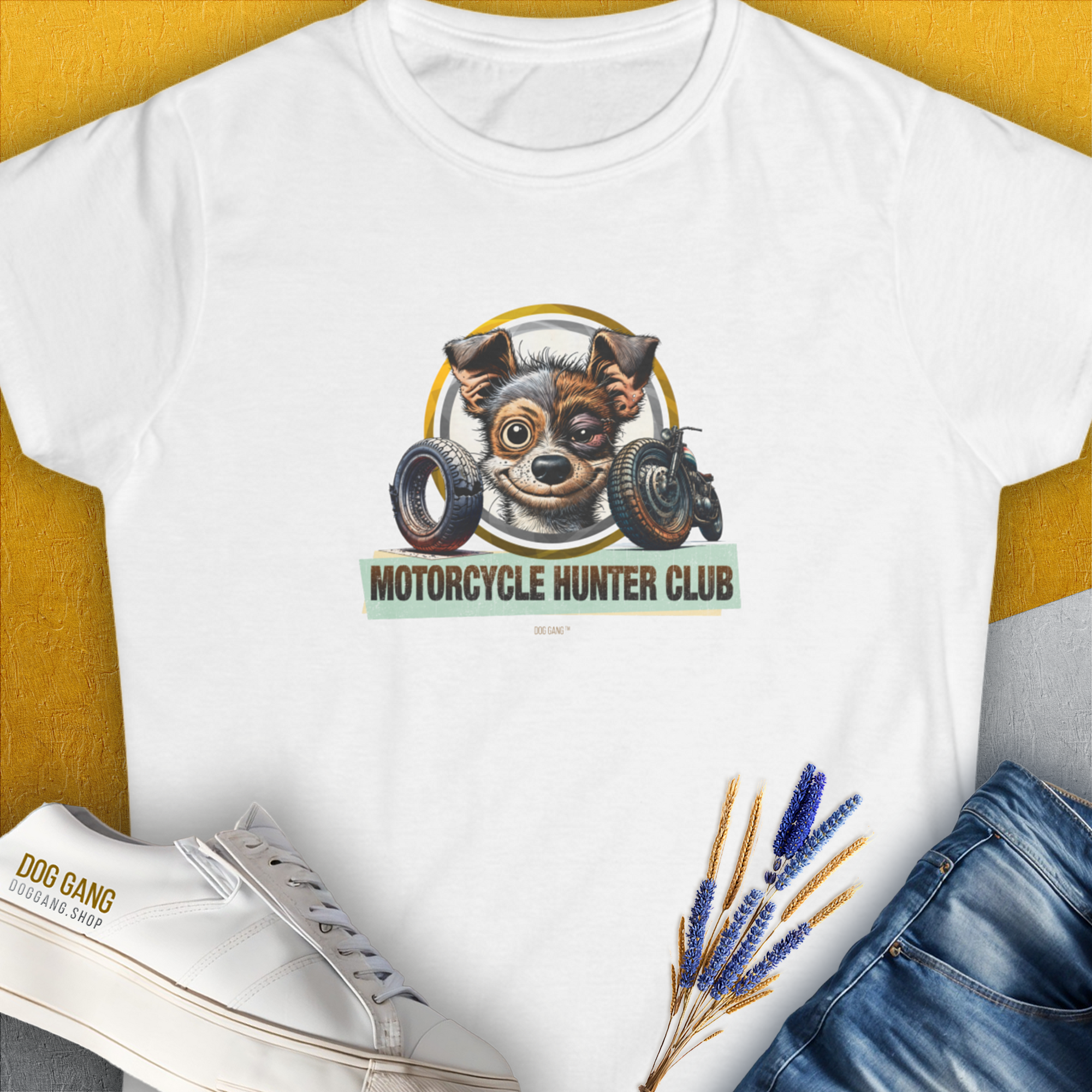 Motorcycle Hunter Club, Volume 1, Women's T-Shirt-White. For dog lovers and dog owners. Design by Dog Gang