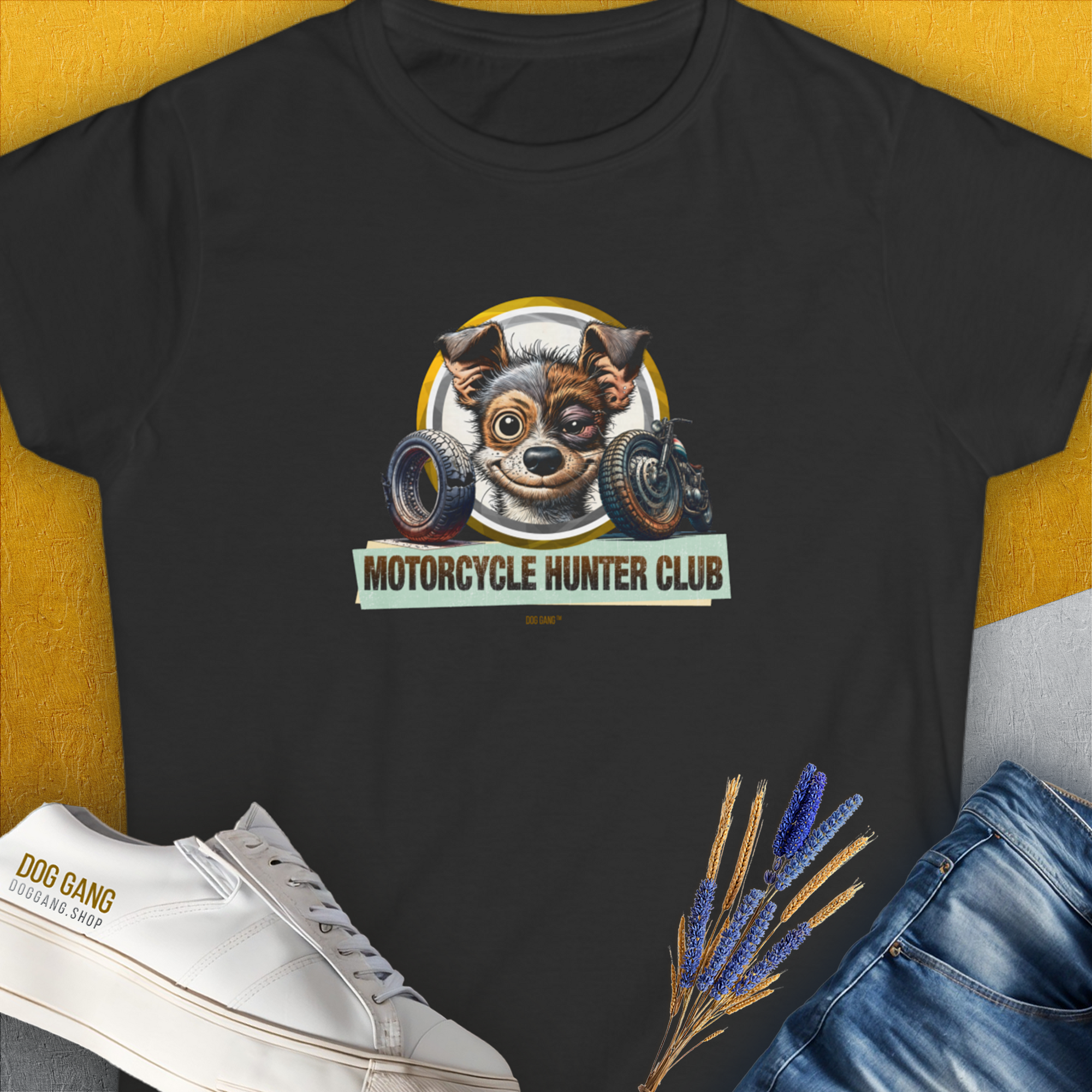 Motorcycle Hunter Club, Volume 1, Women&#39;s T-Shirt-Black. A perfect gift for dog lovers and dog owners. Design by Dog Gang