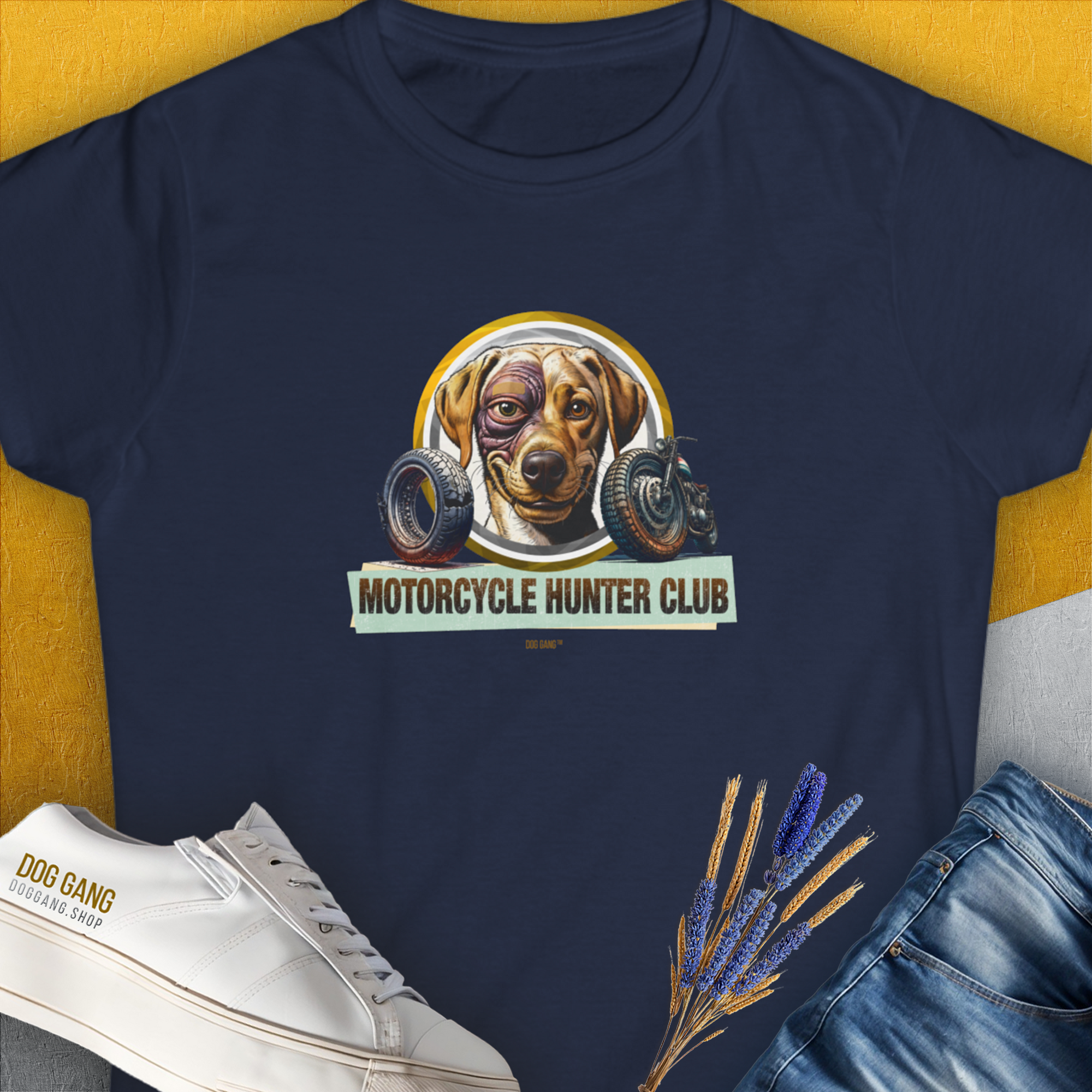 Motorcycle Hunter Club, Volume 4 (Labrador), Women&#39;s T-Shirt-Navy, a cool and stylish design with a funny saying from Dog Gang