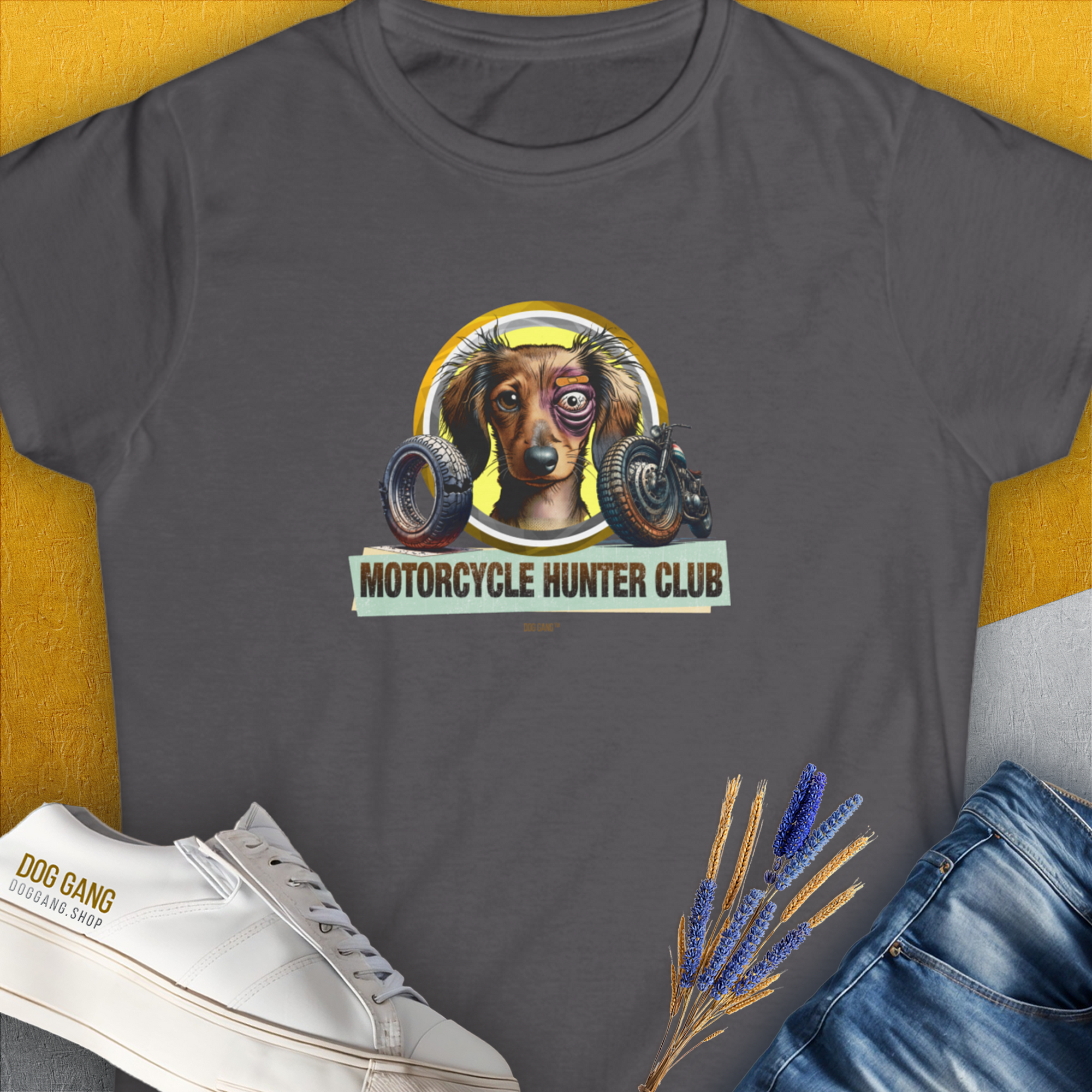Motorcycle Hunter Club, Volume 5 (Dackel / Dachshund), Women's T-Shirt-Charcoal. For dog lovers and dog owners. Design by Dog Gang