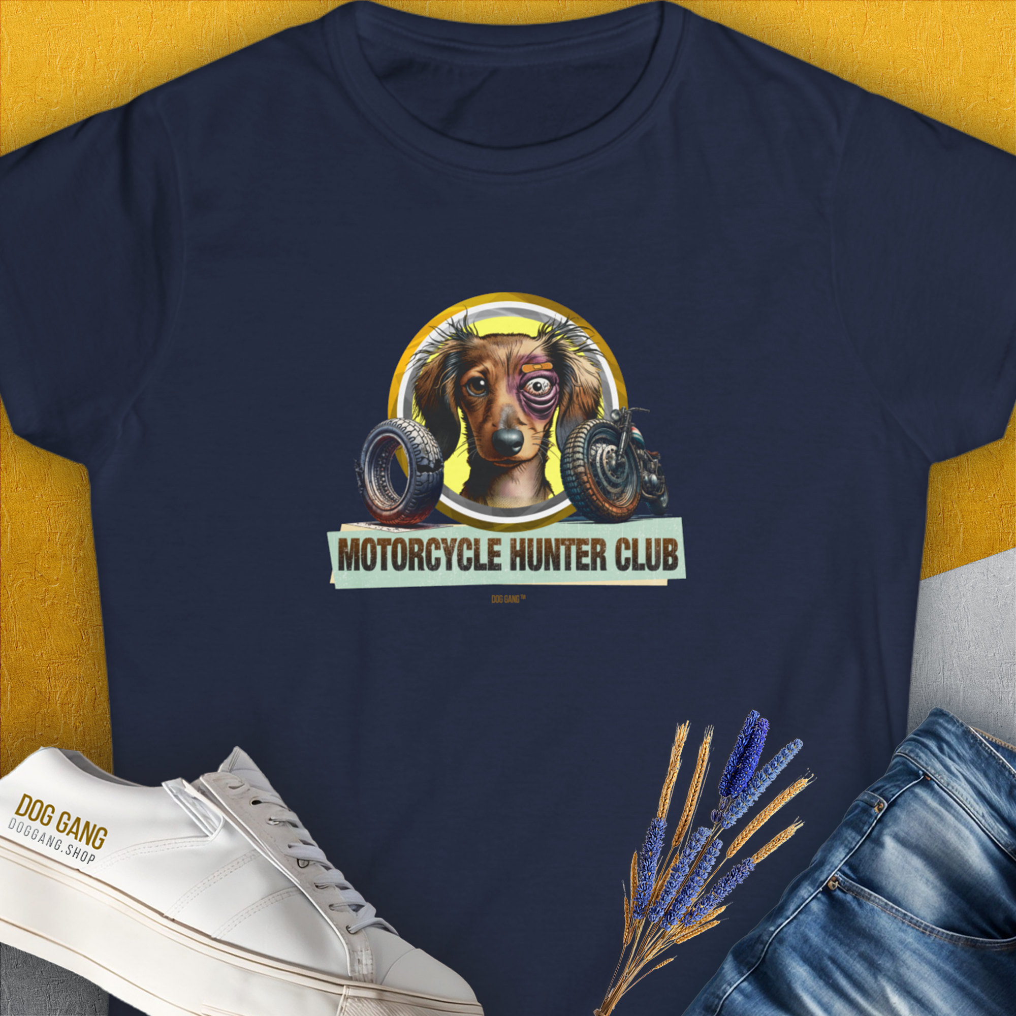 Motorcycle Hunter Club, Volume 5 (Dackel / Dachshund), Women's T-Shirt-Navy. A dog-themed Design from Dog Gang