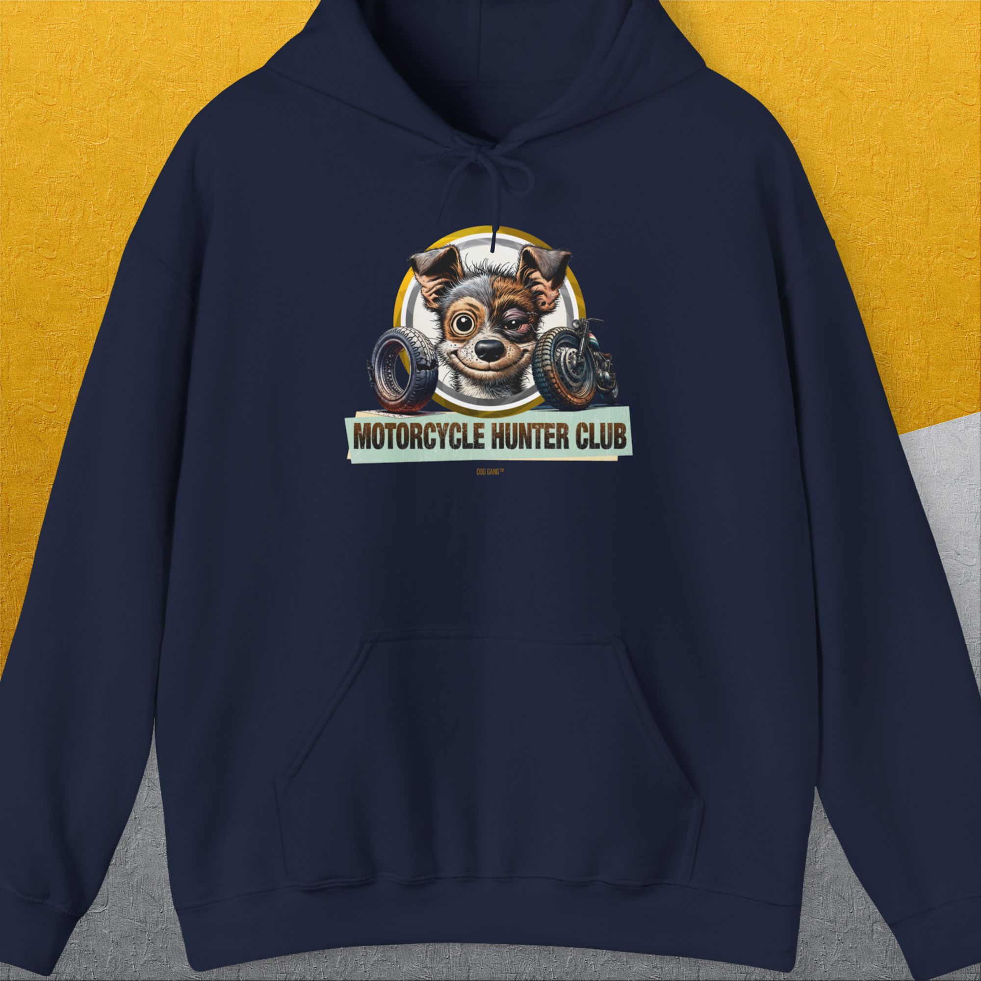 The Motorcycle Hunter Club, Volume 1 hoodie showcases a funny slightly battered cartoon dog with a black eye, perfect for any dog lover. Designed by Dog Gang.