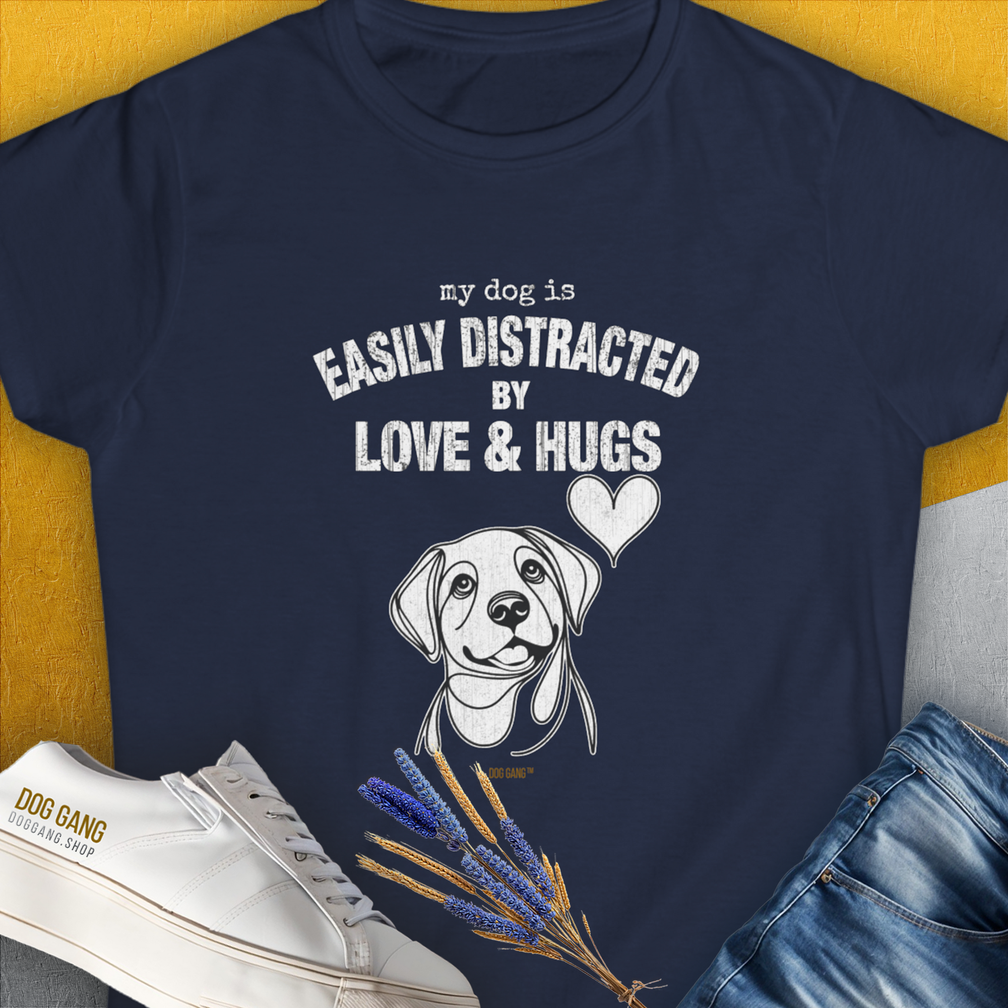 The My Dog Is Easily Distracted By - Volume 3: Love And Hugs navy womens t-shirt features a cute dog design and playful text, perfect for a dog lover gift. Designed by Dog Gang.