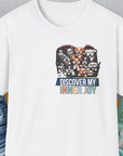 The unisex My Heart Belongs To Dogs t-shirt features cartoon dogs with the saying, DISCOVER MY INNER JOY. A perfect dog lover gift. Designed by Dog Gang.