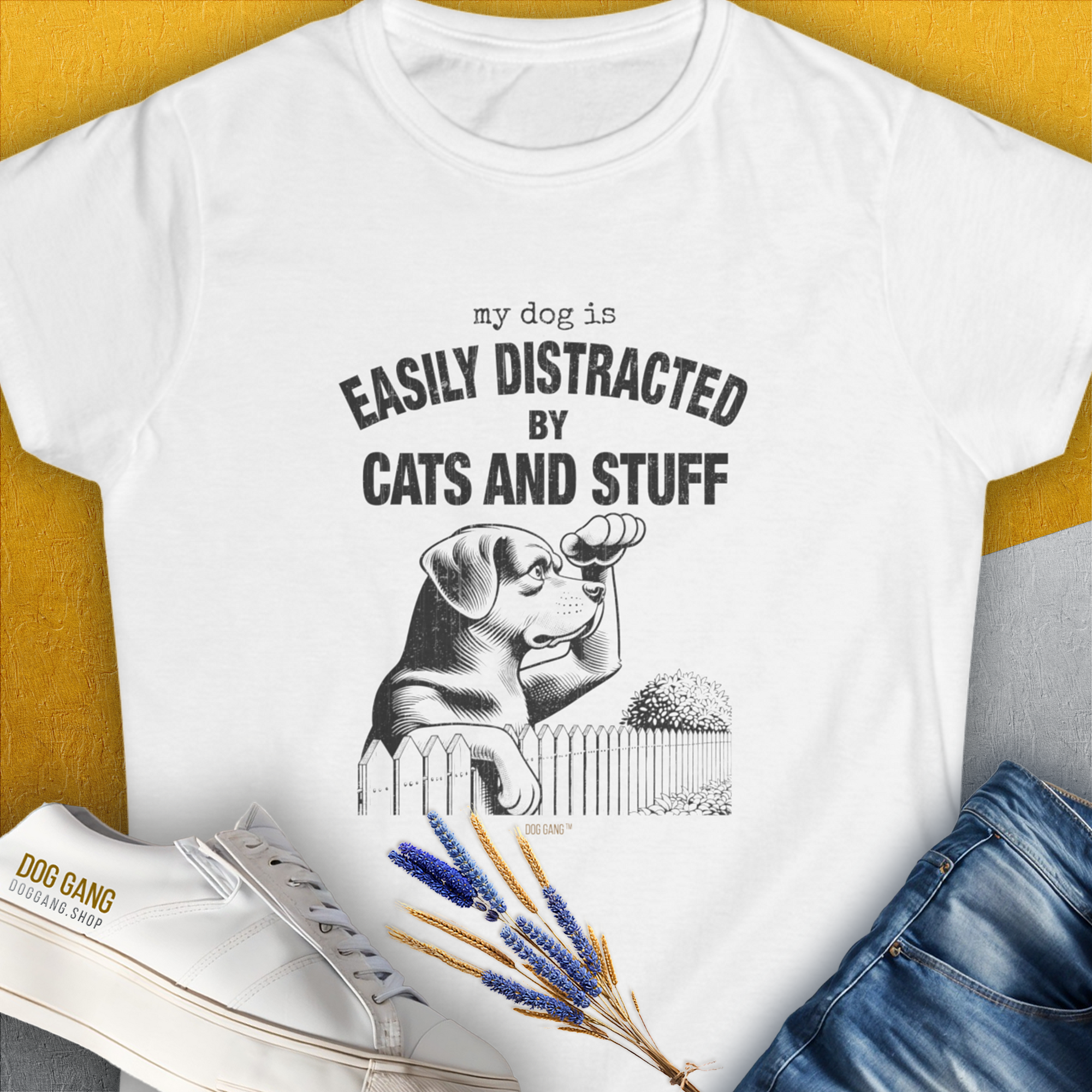 My Dog Is Easily Distracted By - Volume 2: Cats And Stuff, Women's T-Shirt-White. For dog lovers and dog owners. Design by Dog Gang