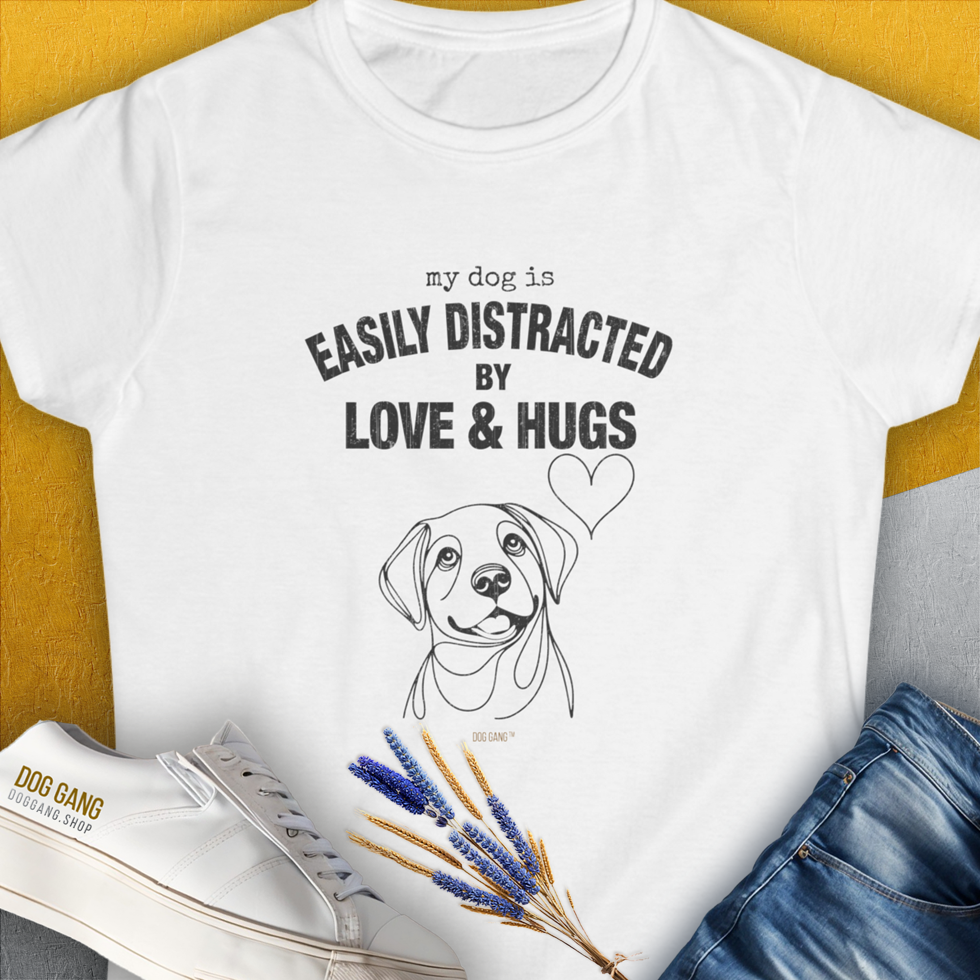 My Dog Is Easily Distracted By - Volume 3: Love And Hugs, Women's T-Shirt-White. For dog lovers and dog owners. Design by Dog Gang
