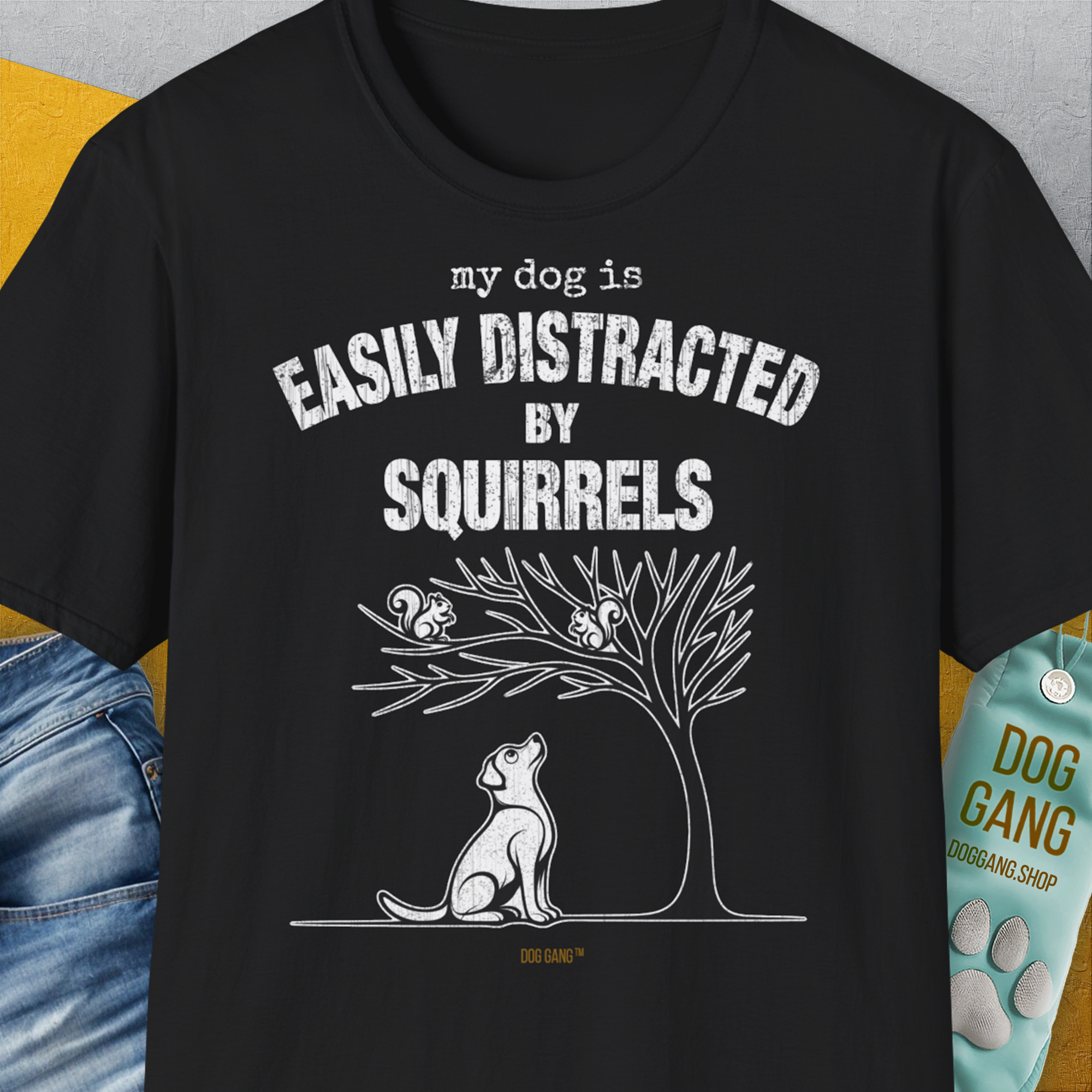 My Dog Is Easily Distracted By - Volume 1: Squirrels, Unisex T-Shirt-Black, a cool and stylish design with a funny saying from Dog Gang
