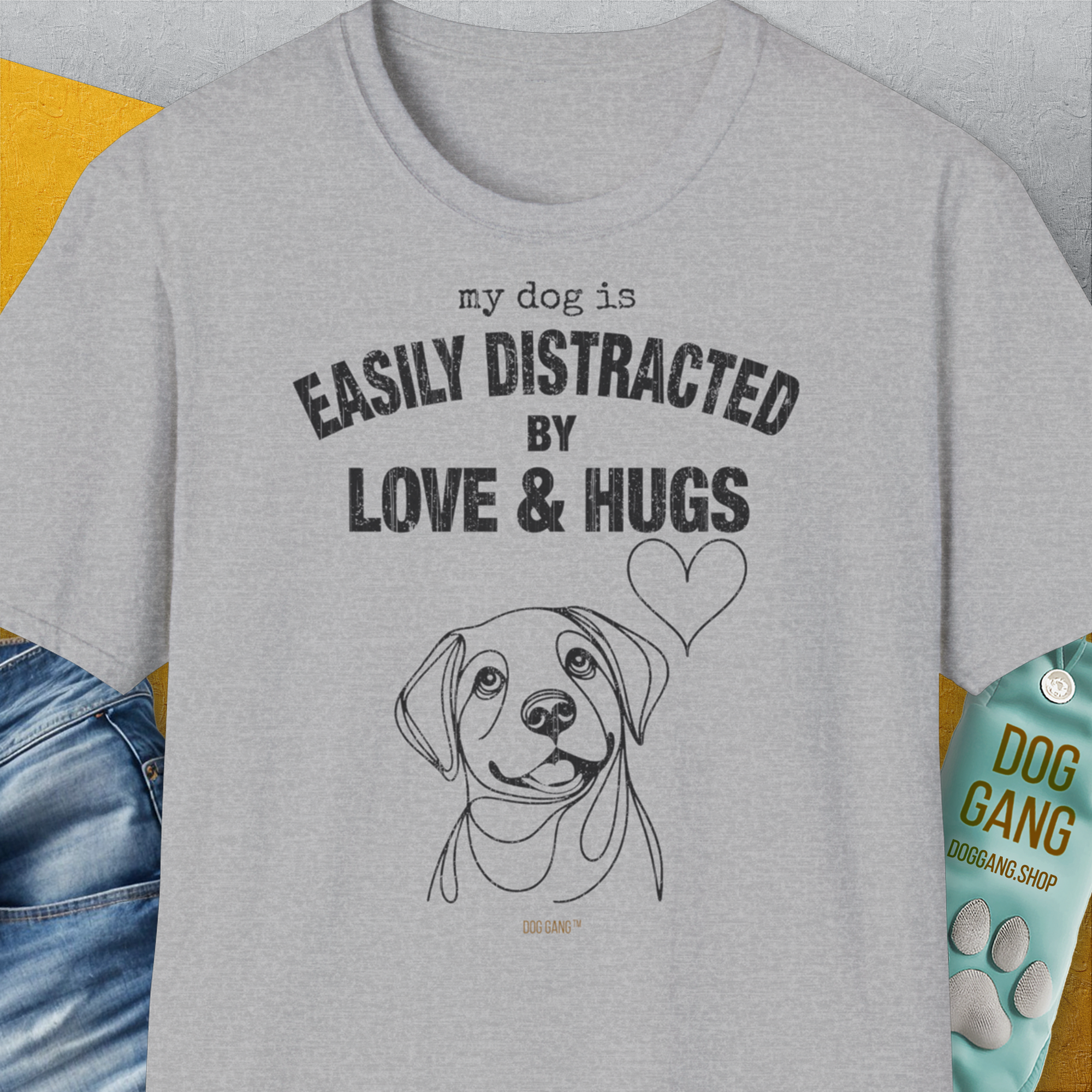 My Dog Is Easily Distracted By - Volume 3: Love And Hugs, Unisex T-Shirt-Sport Grey. A perfect gift for dog lovers and dog owners. Design by Dog Gang