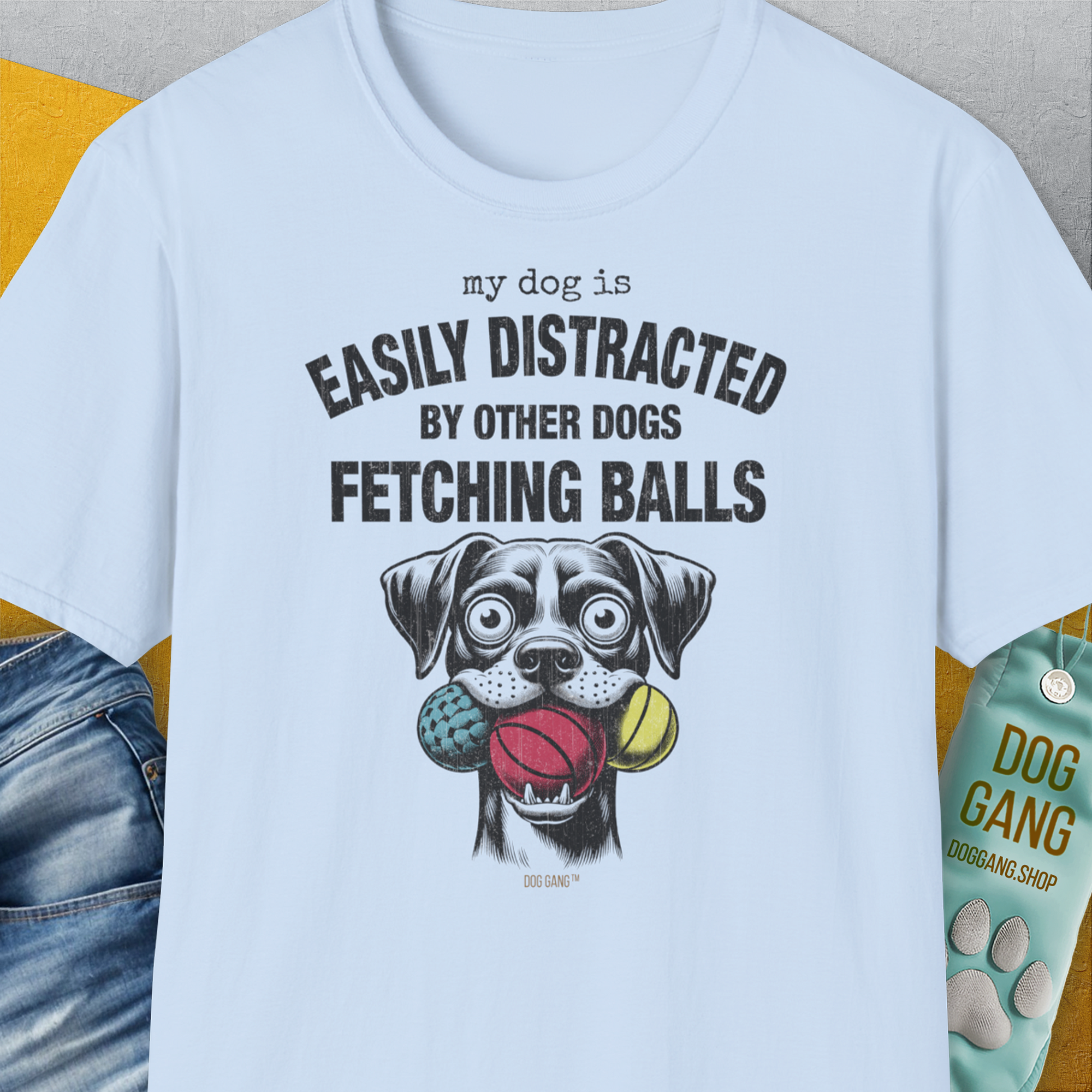 My Dog Is Easily Distracted By - Volume 4: Other Dogs Fetching Balls, Unisex T-Shirt-Light Blue. A perfect gift for dog lovers and dog owners. Design by Dog Gang