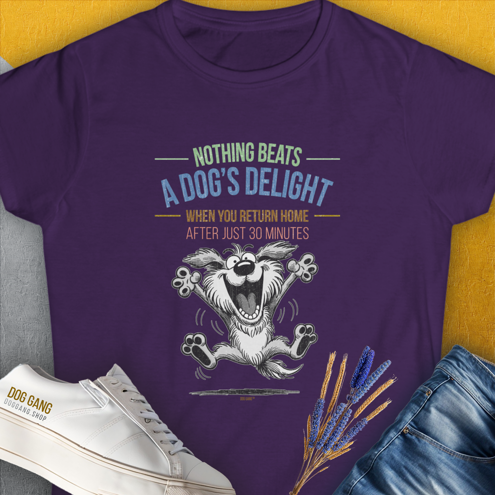 Nothing Beats A Dogs Delight When You Return Home, Volume 2 womens T-shirt highlights a funny dog illustration, perfect for any dog lover gift. Designed by Dog Gang.