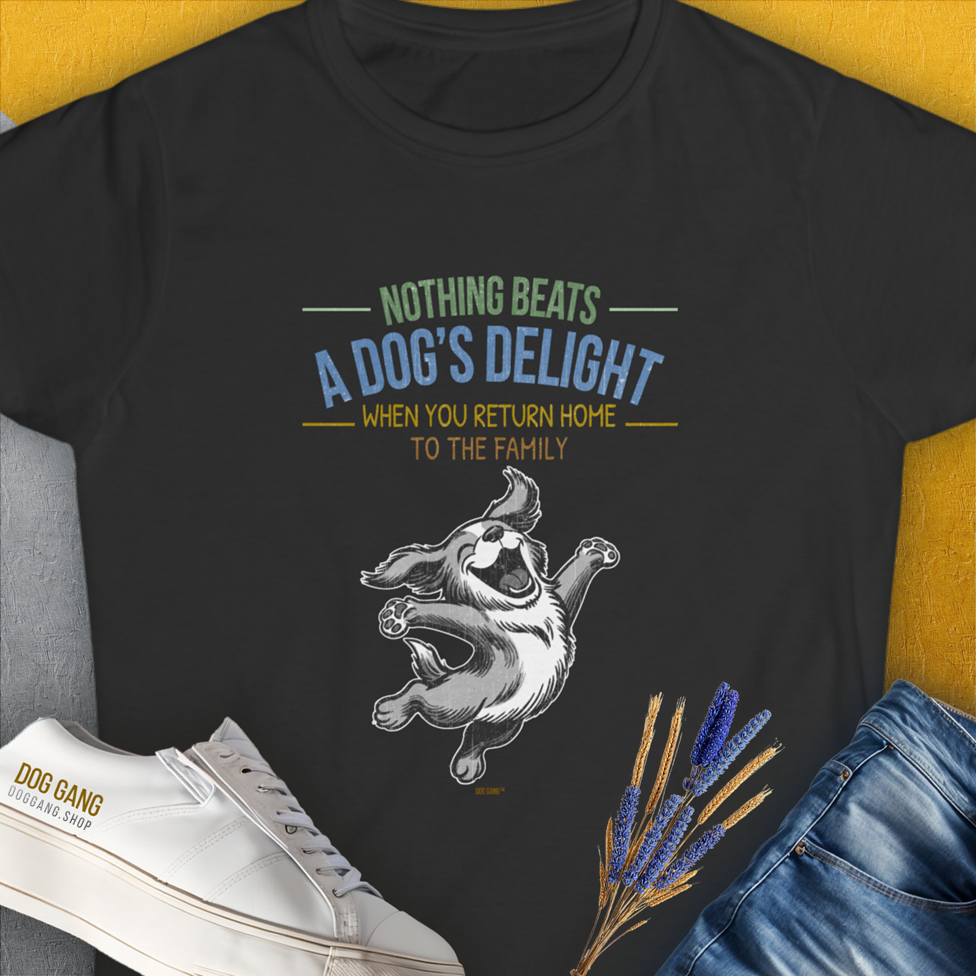 Black Womens T-Shirt with Nothing Beats A Dogs Delight When You Return Home, Volume 3, featuring a joyful dog graphic. Perfect for any dog lover. Designed by Dog Gang.