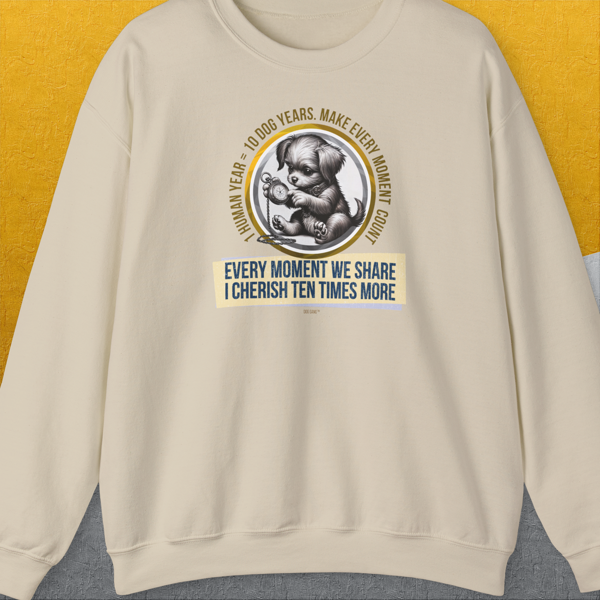 One Human Year = Ten Dog Years, Volume 4 features a playful dog graphic with fun text. Designed by Dog Gang, its a great piece for any dog lover.