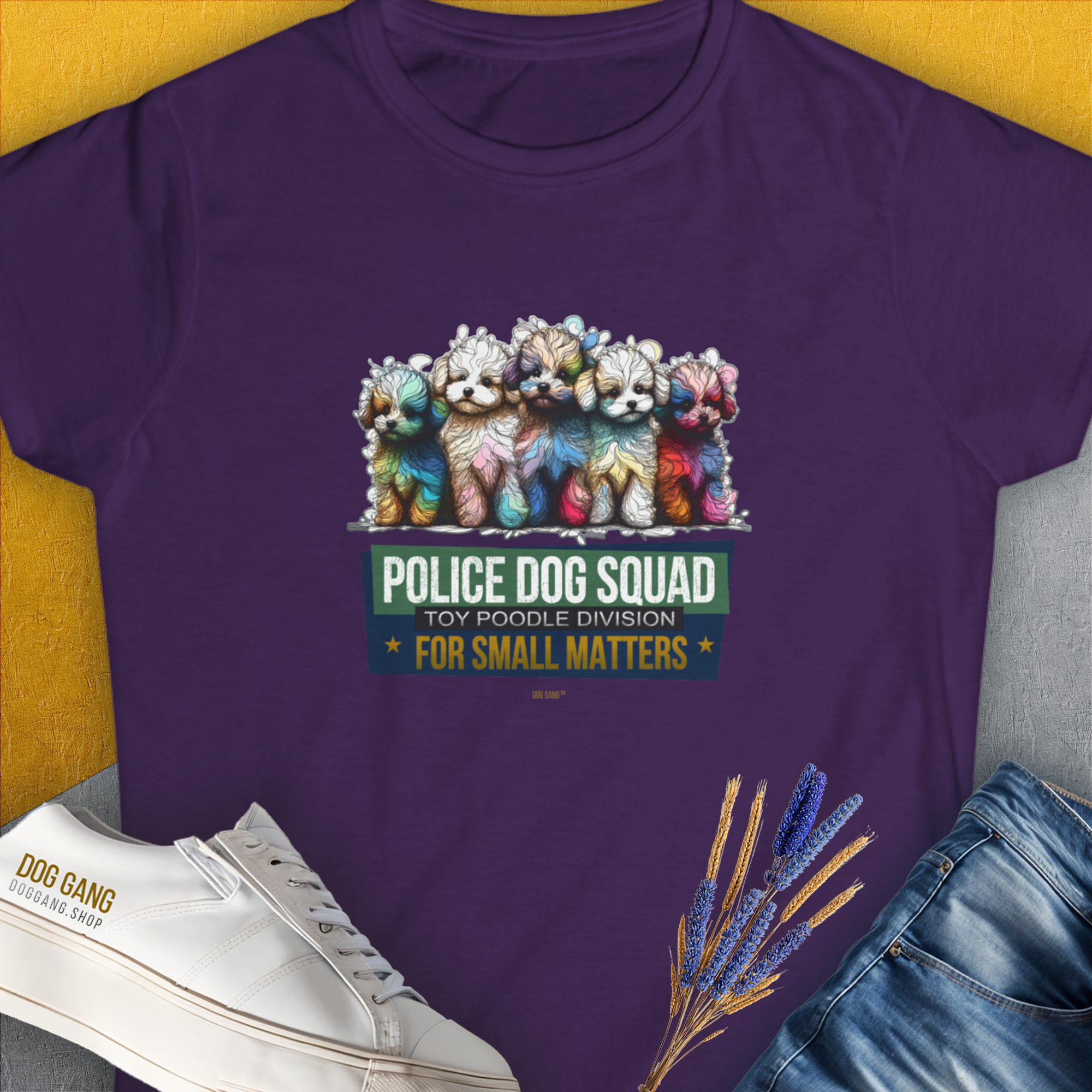 Purple tee with a cartoon poodle and the quote, Police Dog Squad For Small Matters (Toy Poodle Division), Volume 2. Perfect for dog lovers. Designed by Dog Gang.