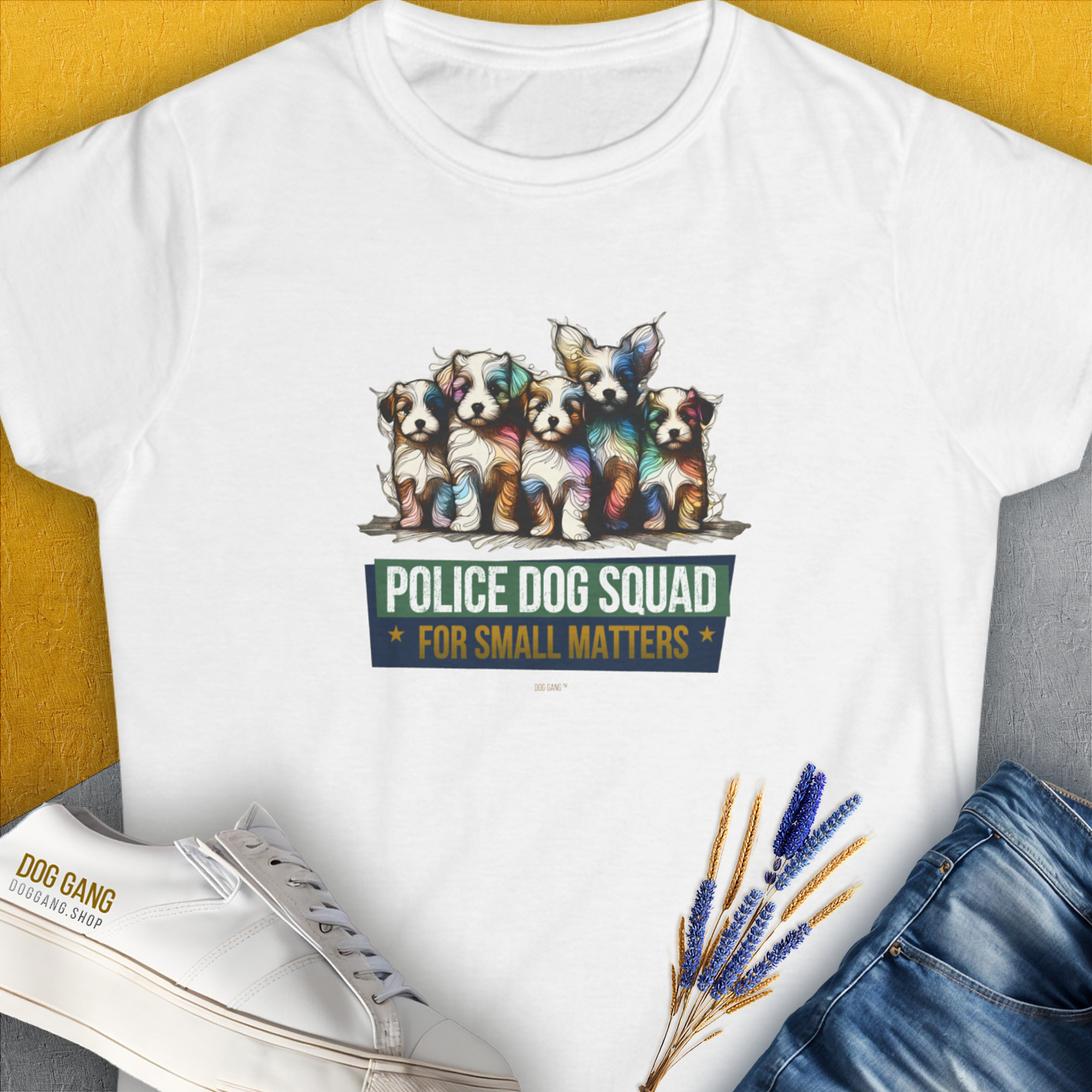 This funny dog shirt showcases cartoon dogs with the saying POLICE DOG SQUAD FOR SMALL MATTERS. Designed by Dog Gang.