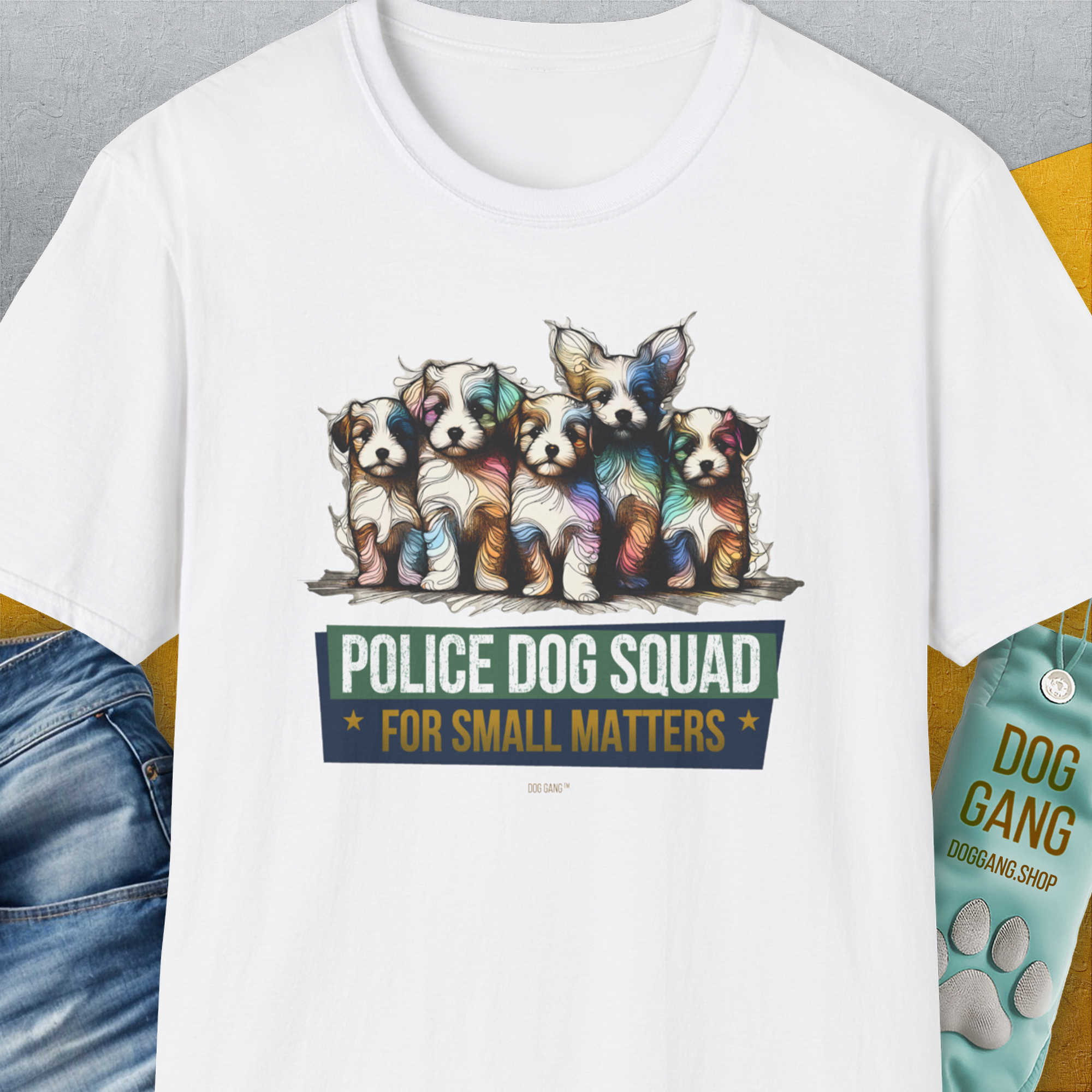 Police Dog Squad For Small Matters, Volume 1, Unisex T-Shirt-White. A perfect gift for dog lovers and dog owners. Design by Dog Gang