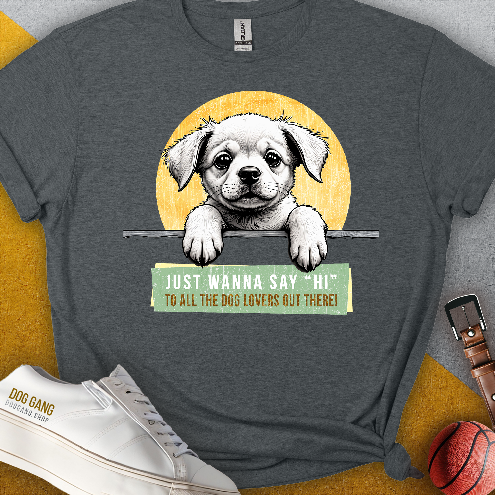 &quot;Say Hi&quot; Series, Volume 1, Unisex T-Shirt-Dark Heather-originelles und lustiges Hundeshirt, Design by Dog Gang