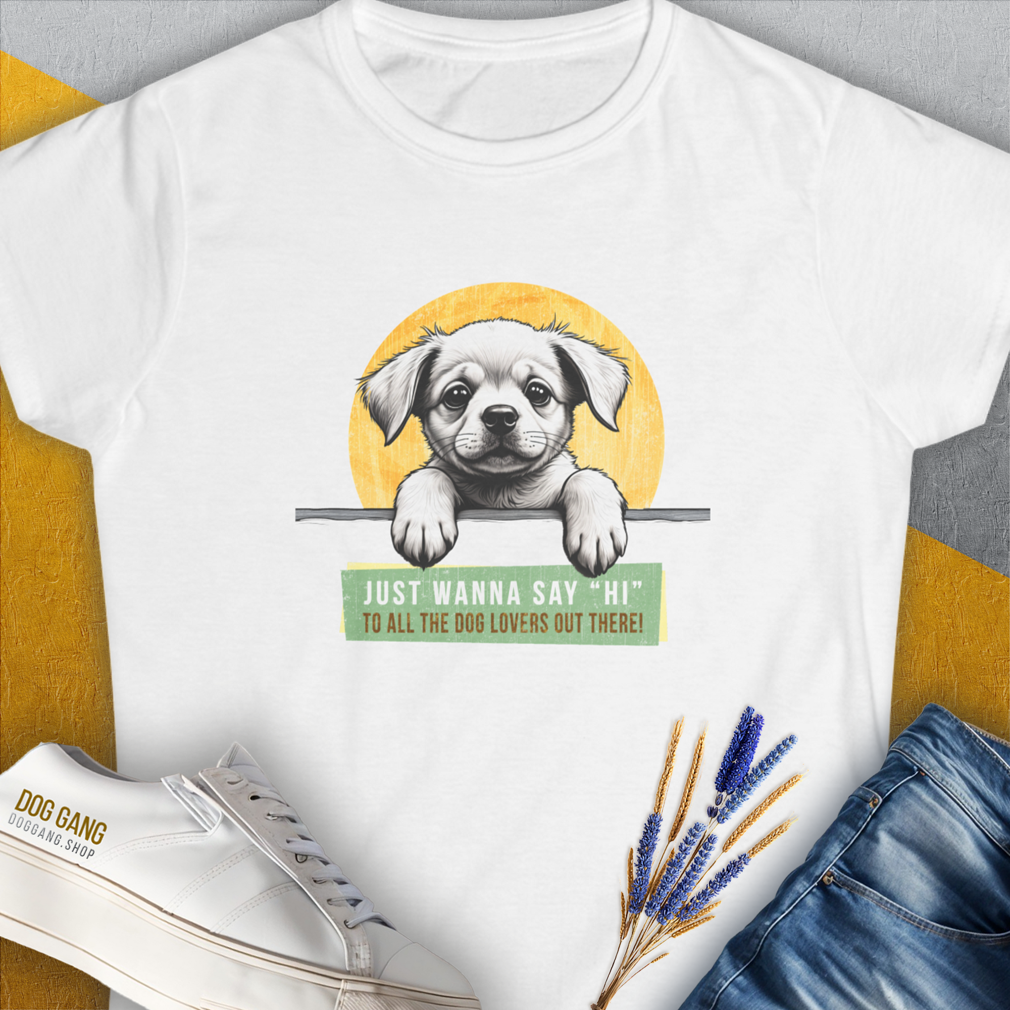 "Say Hi" Series, Volume 1, Women's T-Shirt-White. For dog lovers and dog owners. Design by Dog Gang