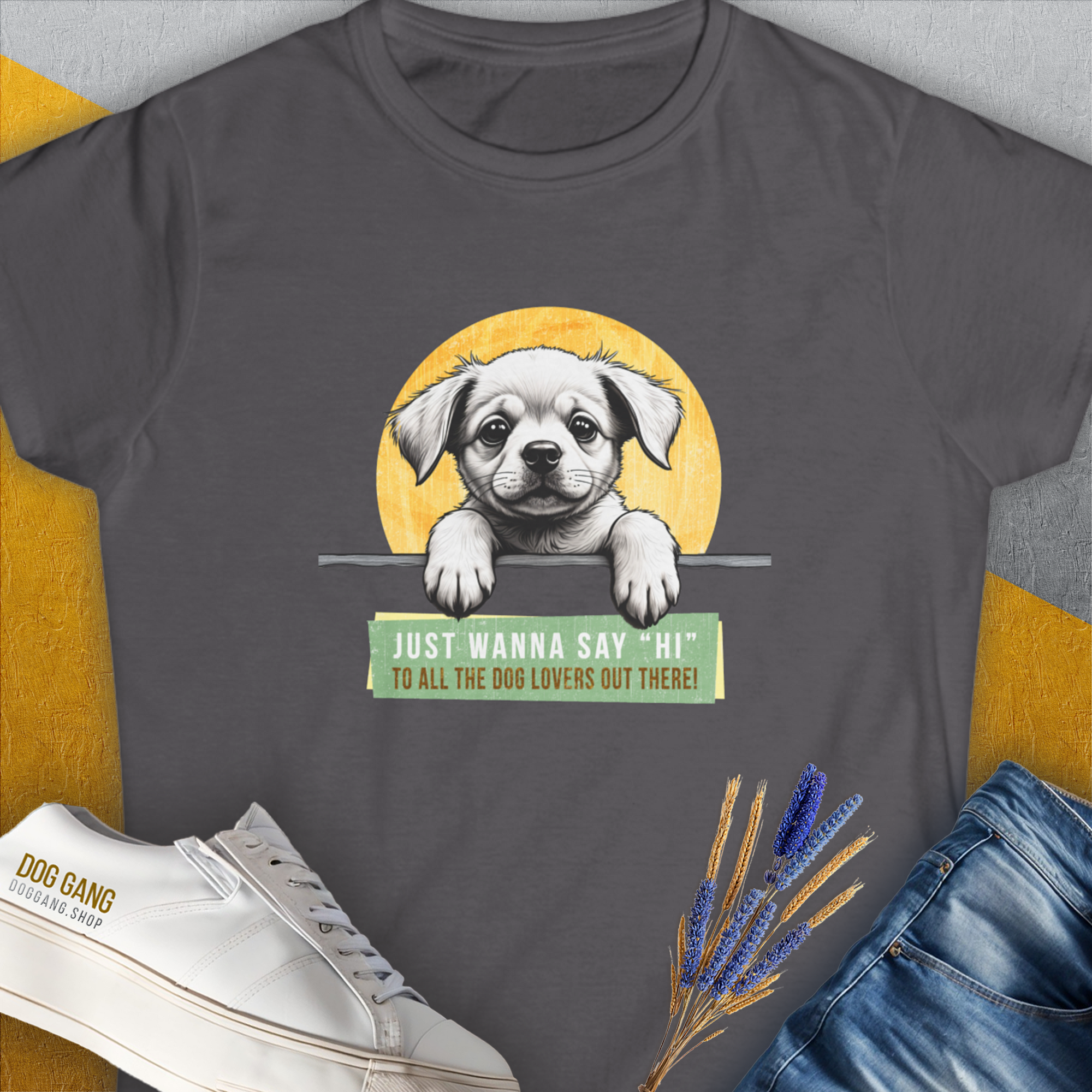 "Say Hi" Series, Volume 1, Women's T-Shirt-Charcoal. A dog-themed Design from Dog Gang