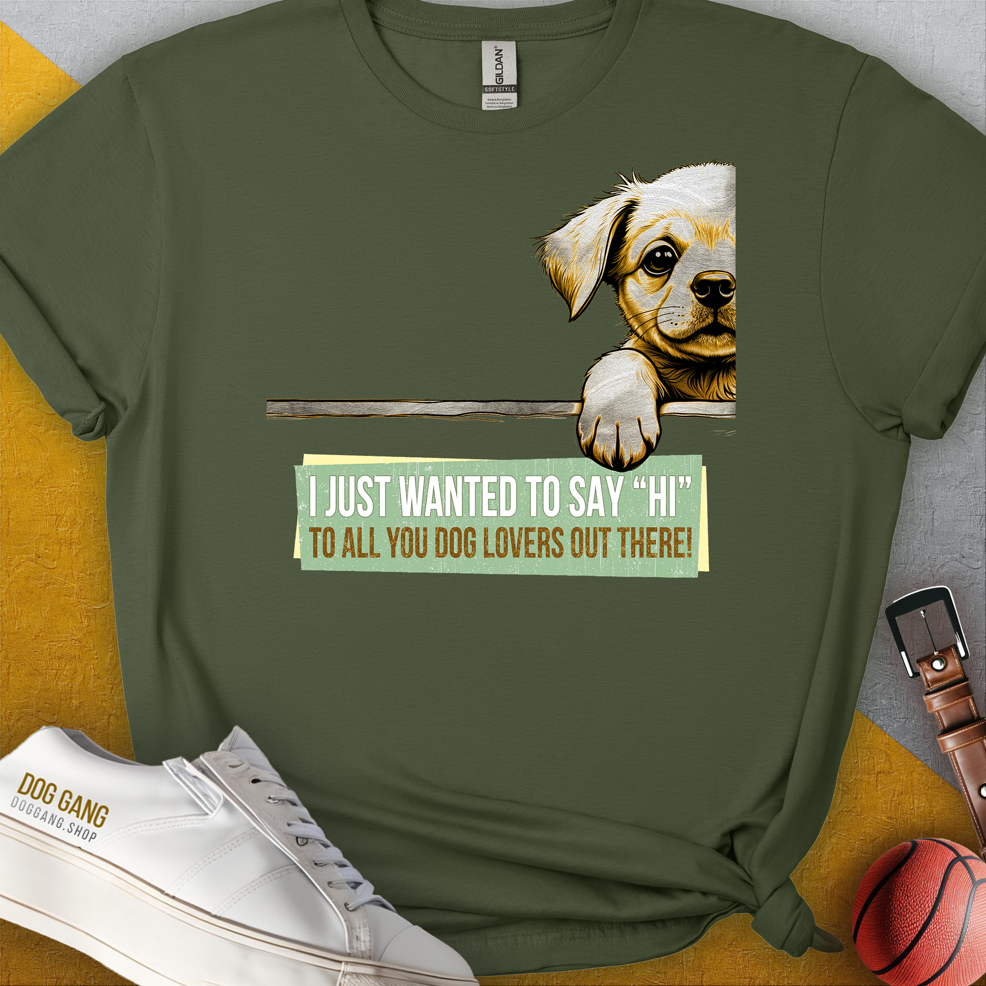 "Say Hi" Series, Volume 2, Unisex T-Shirt-Military Green-originelles und lustiges Hundeshirt, Design by Dog Gang