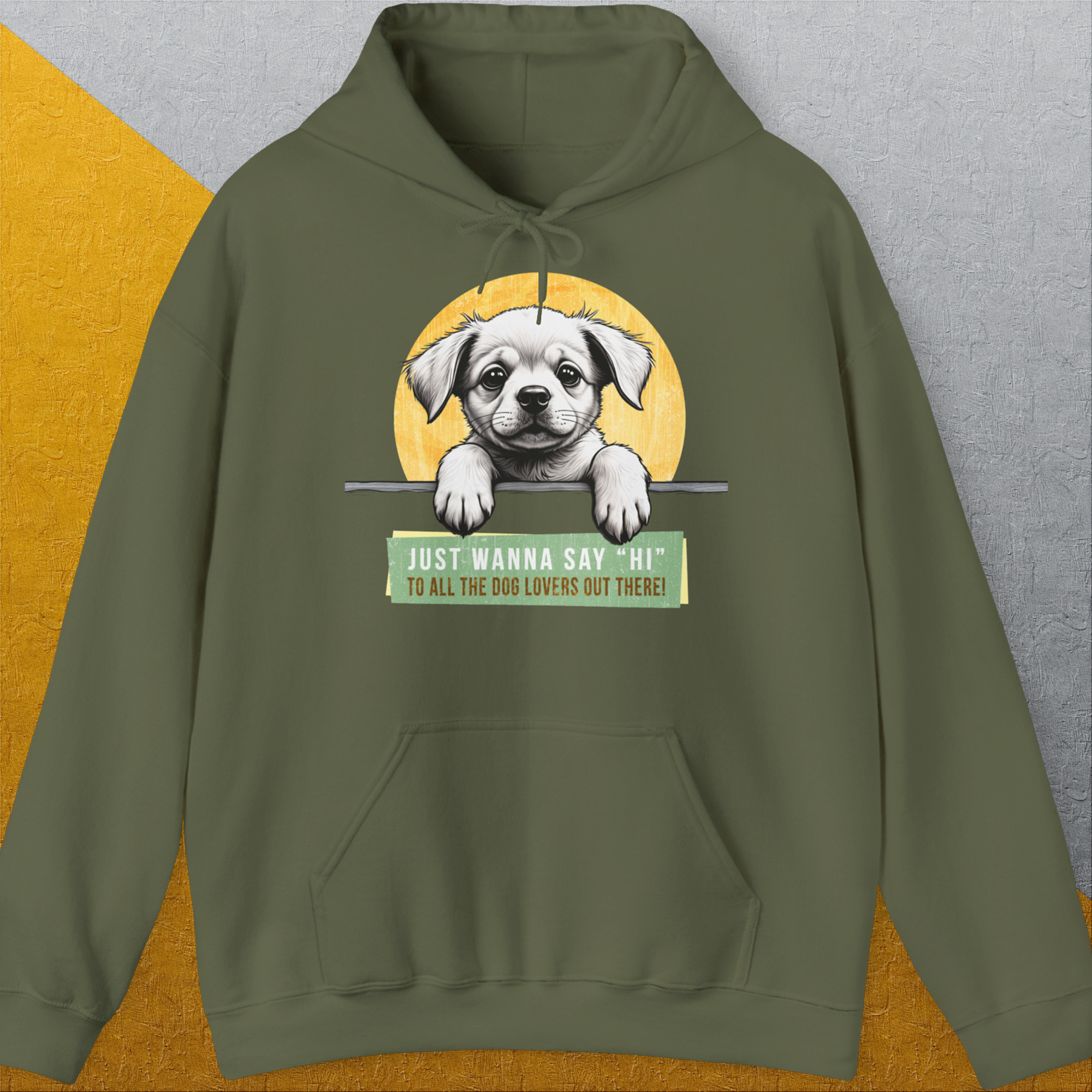 Der Unisex-Kapuzenpullover der „Say Hi“-Serie, Band 1, ist ein grüner Kapuzenpullover mit einer süßen Hundeillustration und der Botschaft: „Ich möchte allen Hundeliebhabern da draußen einfach ‚Hallo‘ sagen!“ Er ist aus ethisch angebauter Baumwolle gefertigt und bietet ultimativen Komfort und Stil.