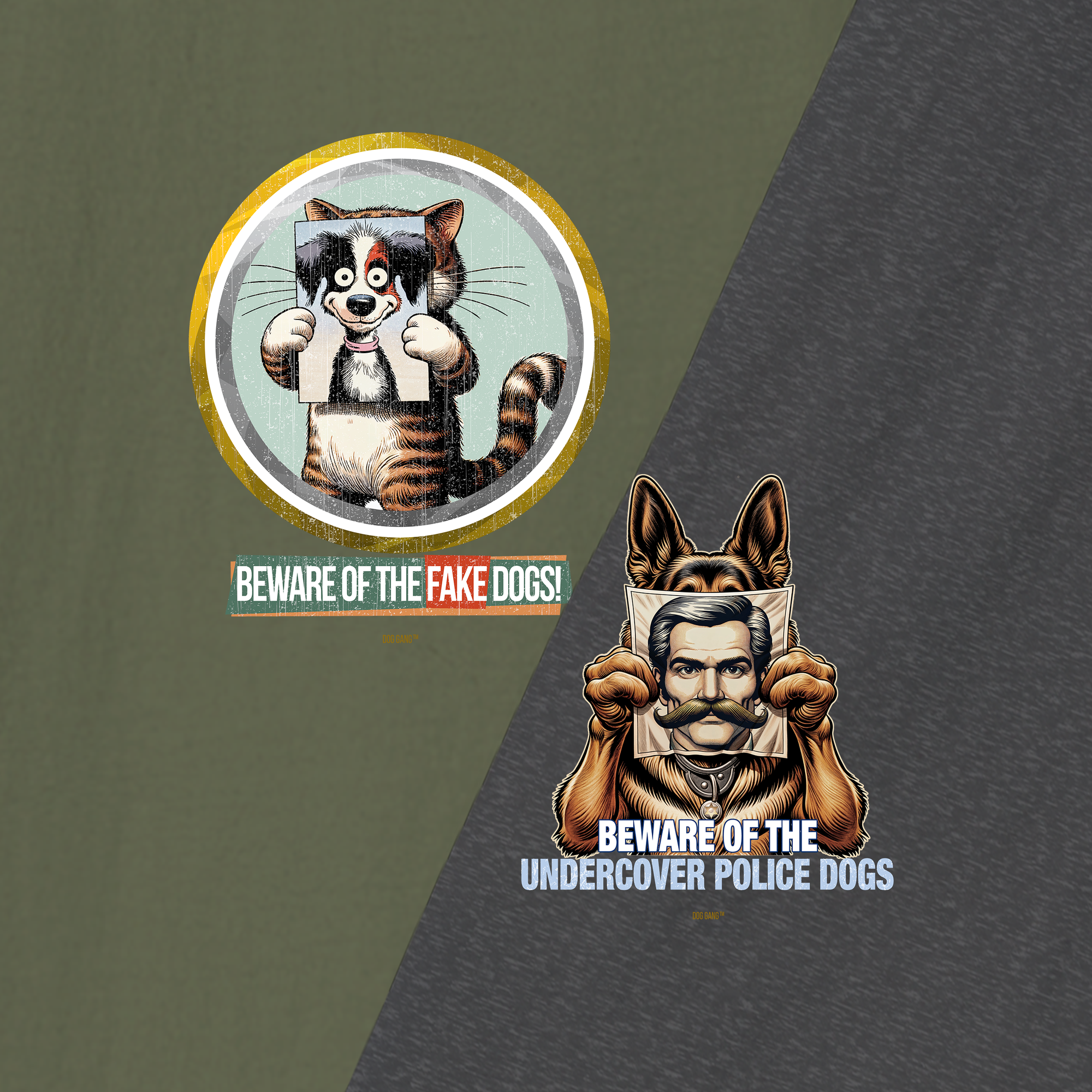 A cartoon cat wearing a dogs mask above the text BEWARE OF THE FAKE DOGS! followed by an illustration of a man in a dog suit holding a mask, with the text BEWARE OF THE UNDERCOVER POLICE DOGS.