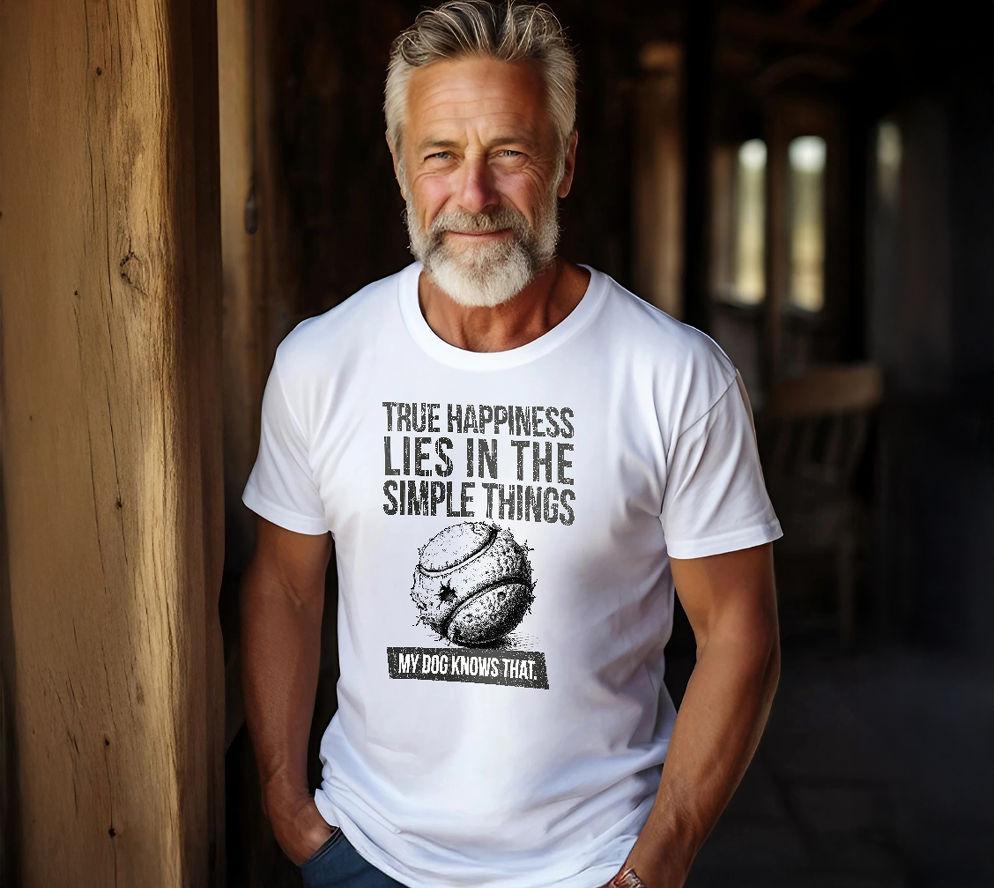 A man with grey hair and a beard is standing in the house wearing a white unisex T-shirt from the design label DOG GANG with the text: True happiness lies in the simple things. My dog ​​​​knows that.