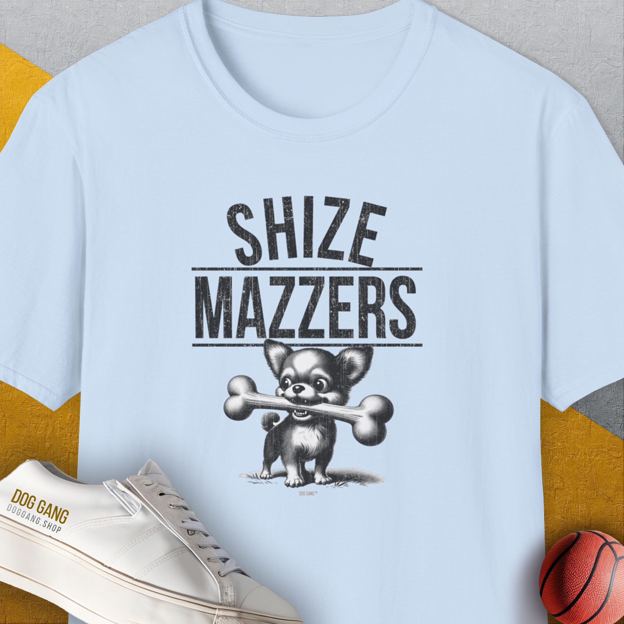 Shize Mazzers, Volume 2, Unisex T-Shirt-Light Blue. A perfect gift for dog lovers and dog owners. Design by Dog Gang