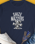 The Shize Mazzers, Volume 2 womens t-shirt in navy features a cute dog design with SHIZE MAZZERS and a cartoon Chihuahua holding an oversized bone in its mouth. Perfect for any dog lover gift. Designed by Dog Gang.