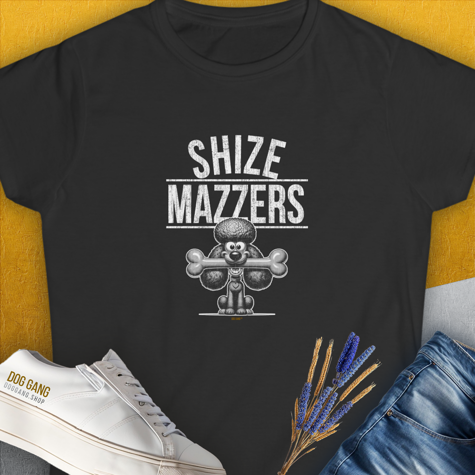 Funny dog shirt featuring a cartoon dog lifting bones with the text SHIZE MAZZERS. Cute dog design perfect for any dog lover. Designed by Dog Gang.
