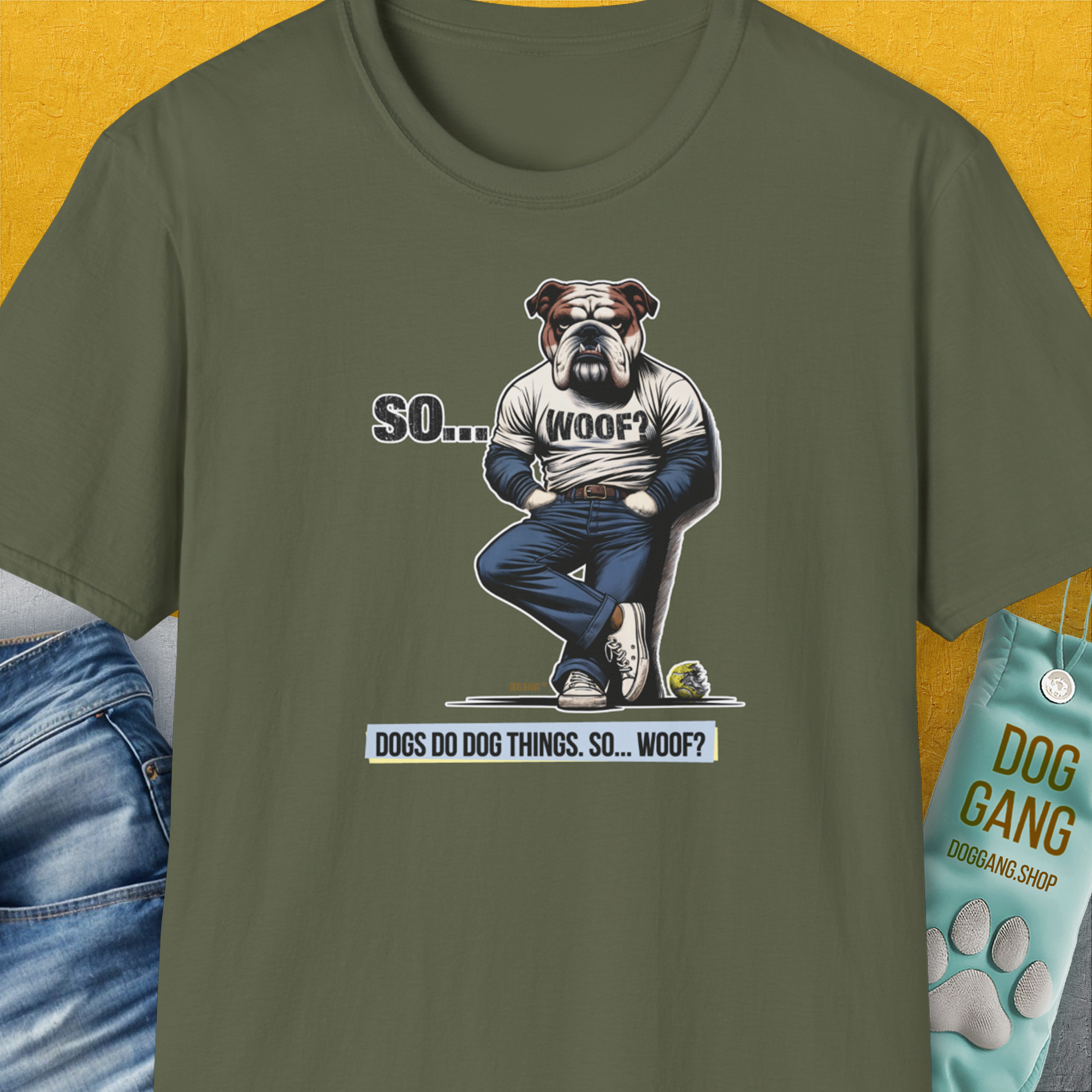 So... Woof? Volume 1, Unisex T-Shirt-Military Green, Design by Dog Gang