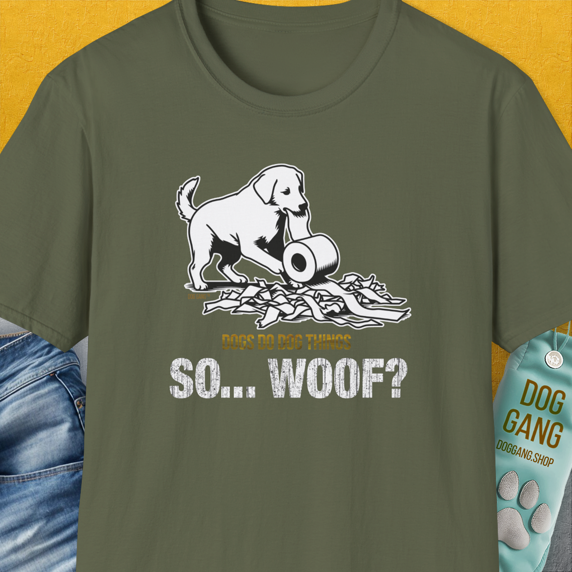 So... Woof? Volume 2, Unisex T-Shirt-Military Green, Design by Dog Gang