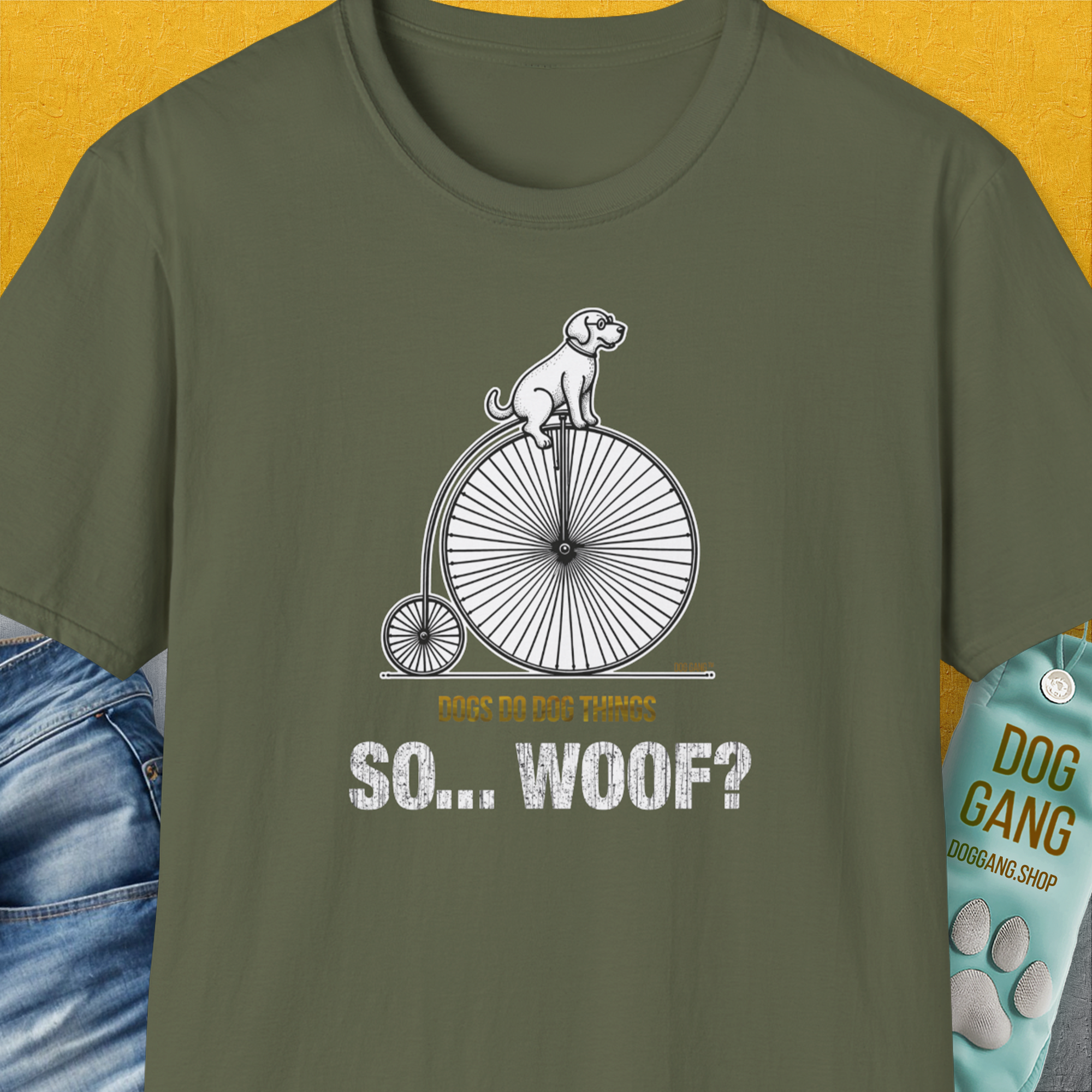 So... Woof? Volume 3, Unisex T-Shirt-Military Green, Design by Dog Gang