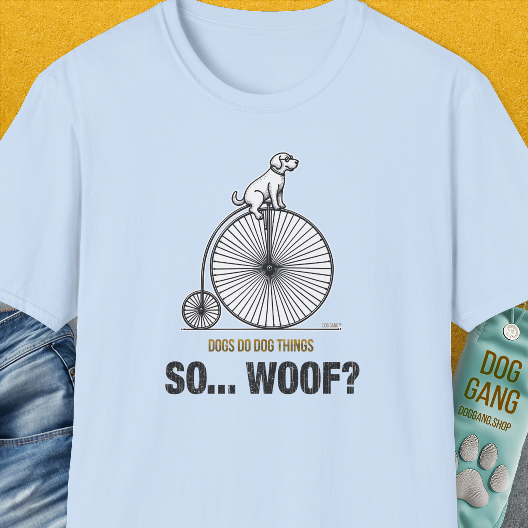 So... Woof? Volume 3, Unisex T-Shirt-Light Blue. A perfect gift for dog lovers and dog owners. Design by Dog Gang
