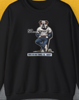 The unisex black sweatshirt features a bulldog in a shirt with the saying "Dogs do dog things. So... Woof?" making it a perfect funny dog shirt for any dog lover. Designed by Dog Gang.