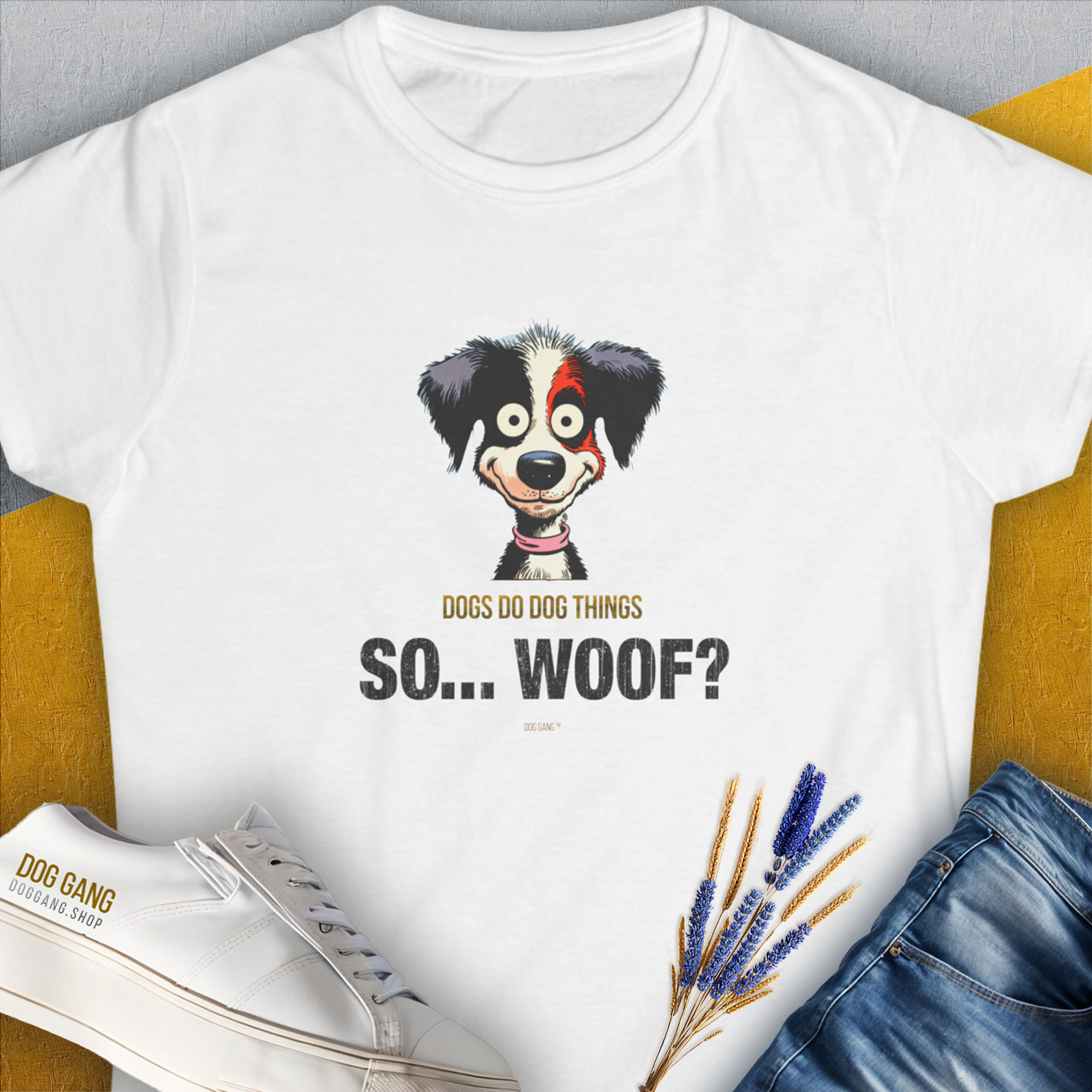The So... Woof? Volume 5 womens t-shirt showcases a funny cartoon dog with playful text, ideal for any dog lover. Designed by Dog Gang.