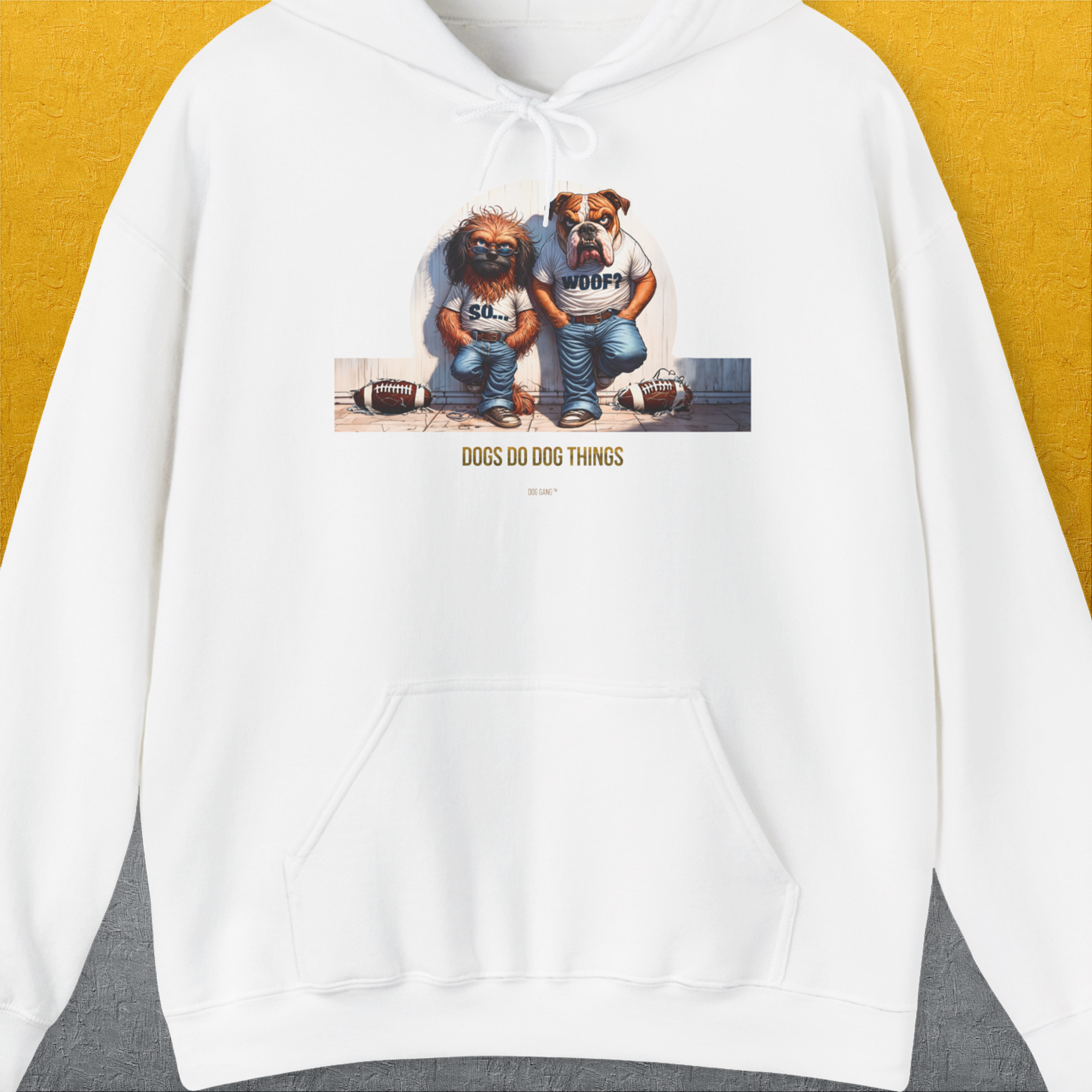 The So... Woof? Volume 7 hoodie features cartoon dogs in football gear with the playful saying Dogs Do Dog Things. Perfect for dog lovers. Designed by Dog Gang.