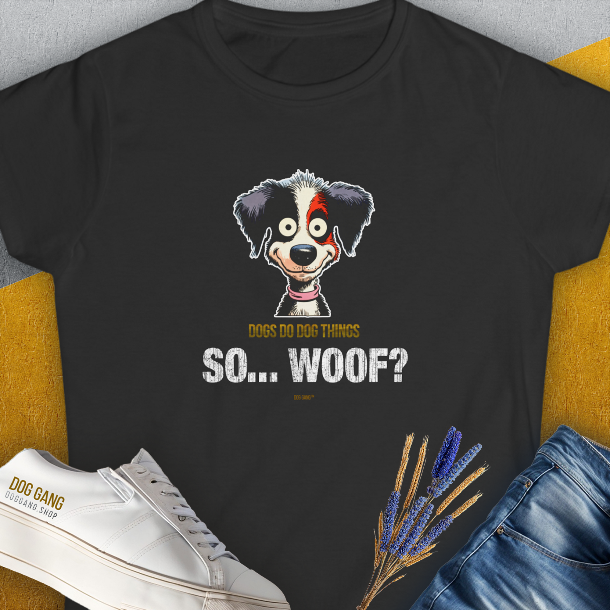 So... Woof? Volume 5, Women&#39;s T-Shirt-Black. A perfect gift for dog lovers and dog owners. Design by Dog Gang