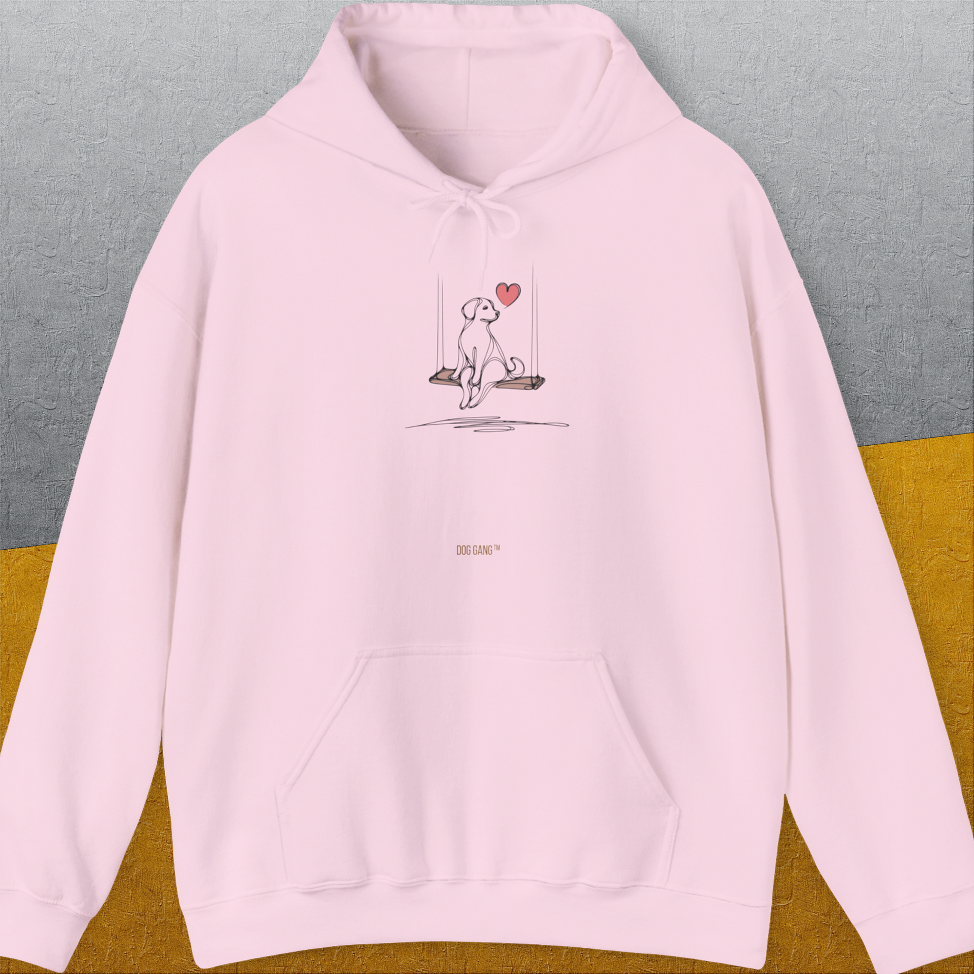The Dog Gang Minimalistic Series I, Volume 1 Unisex Hoodie in Light Pink features a cute dog design with a red heart. Perfect for any dog lover. Designed by Dog Gang.