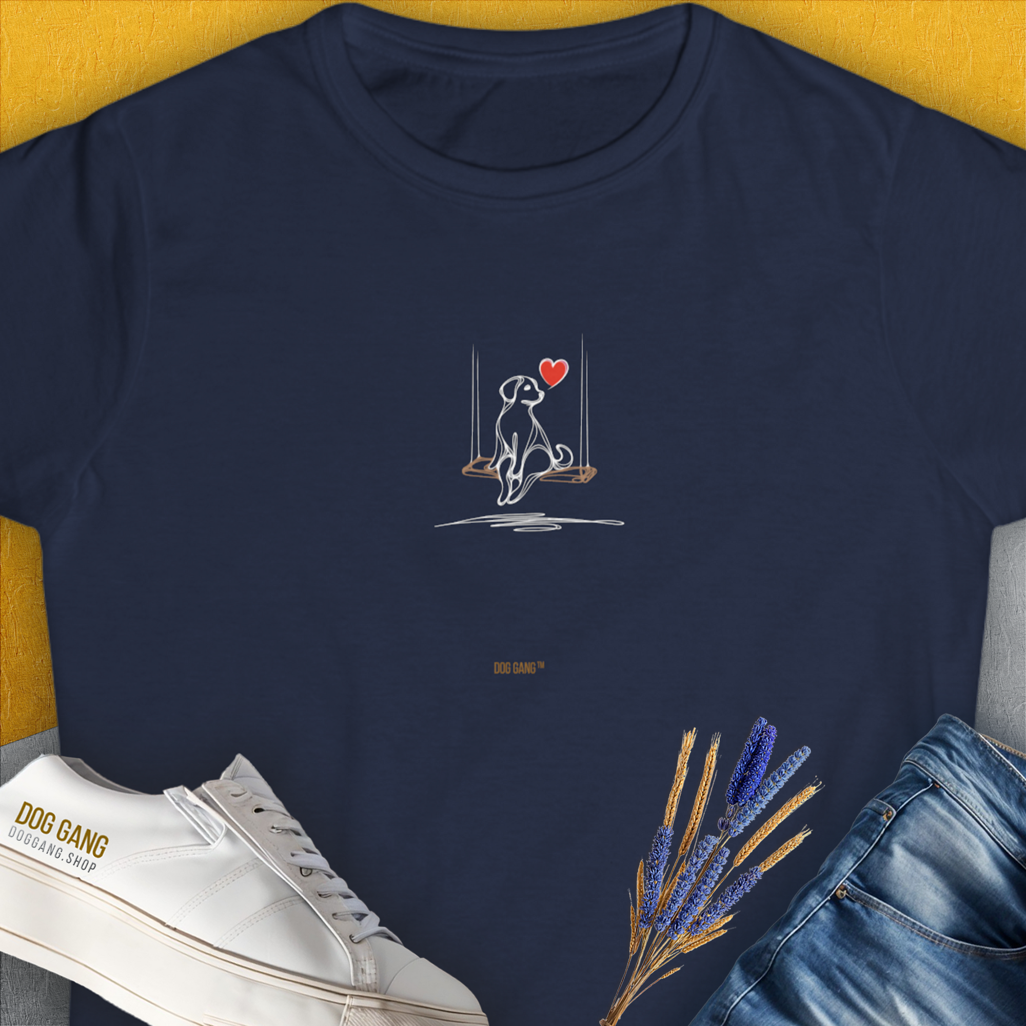 Funny dog shirt with a minimalistic design featuring a simple outline of a dog and heart. Designed by Dog Gang.