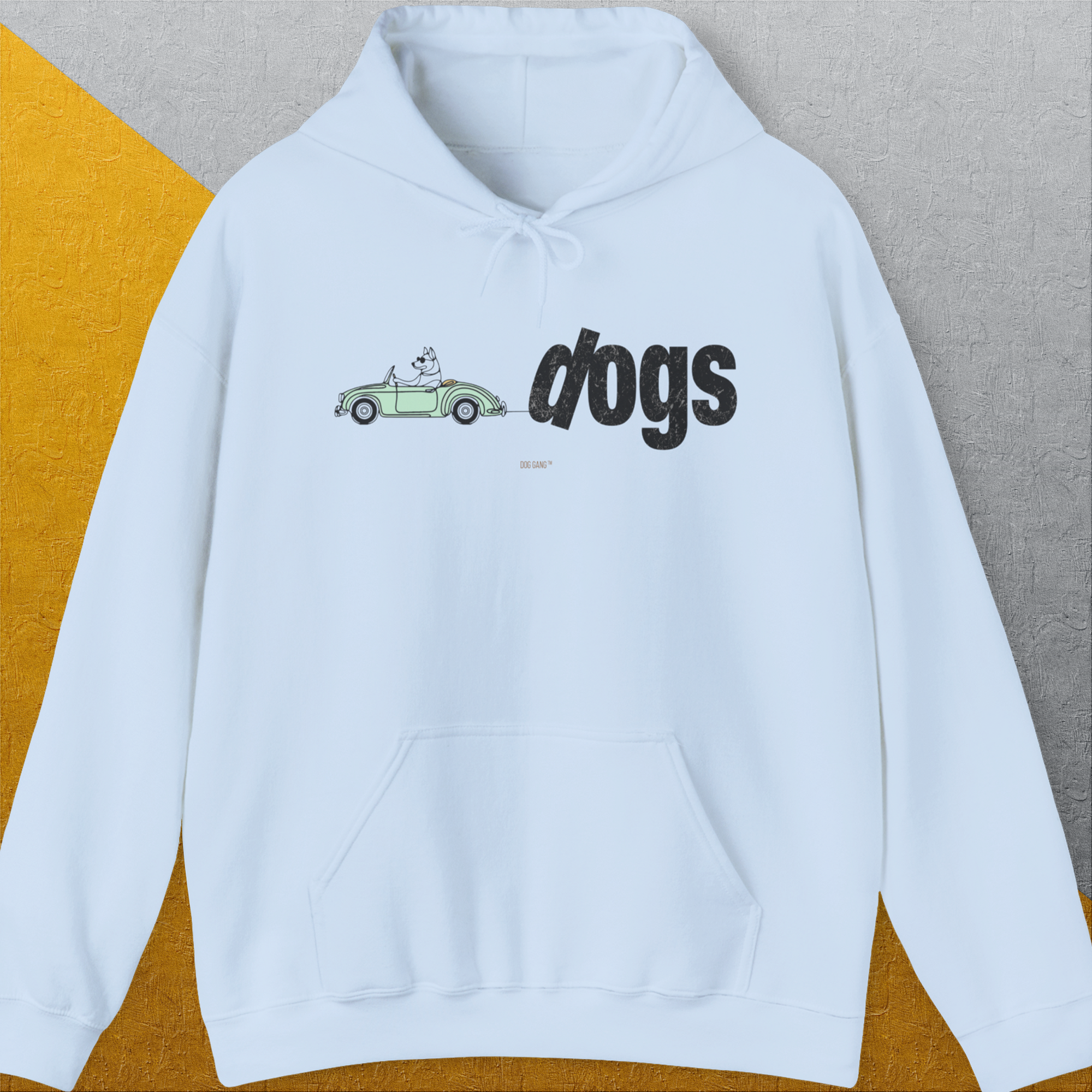 Vintage design with a cartoon dog in a green car and dogs in bold black letters. Perfect for any dog lover. Designed by Dog Gang.