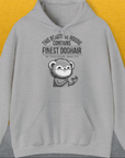 Unisex-Kapuzenpullover „Volume 2“ in Sportgrau mit einem Cartoon-Tier und dem englischsprachigen Text: „Dieser wunderschöne Kapuzenpullover enthält feinstes Hundehaar von exklusiver Qualität.“ Entworfen von Dog Gang.