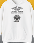 Der lustige Unisex-Kapuzenpullover zeigt eine süsse, zottelige Hundegrafik mit dem Spruch „This Beautiful Hoodie Contains Finest Dog Hair“. Volume 3 aus der gleichnahmigen Serie. Entworfen von Dog Gang.