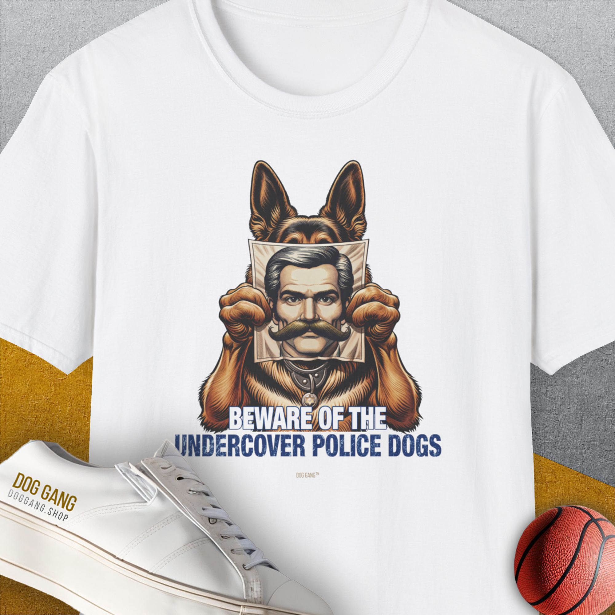 Beware Of The Undercover Police Dogs, Volume 1, Unisex T-Shirt-White. A perfect gift for dog lovers and dog owners. Design by Dog Gang