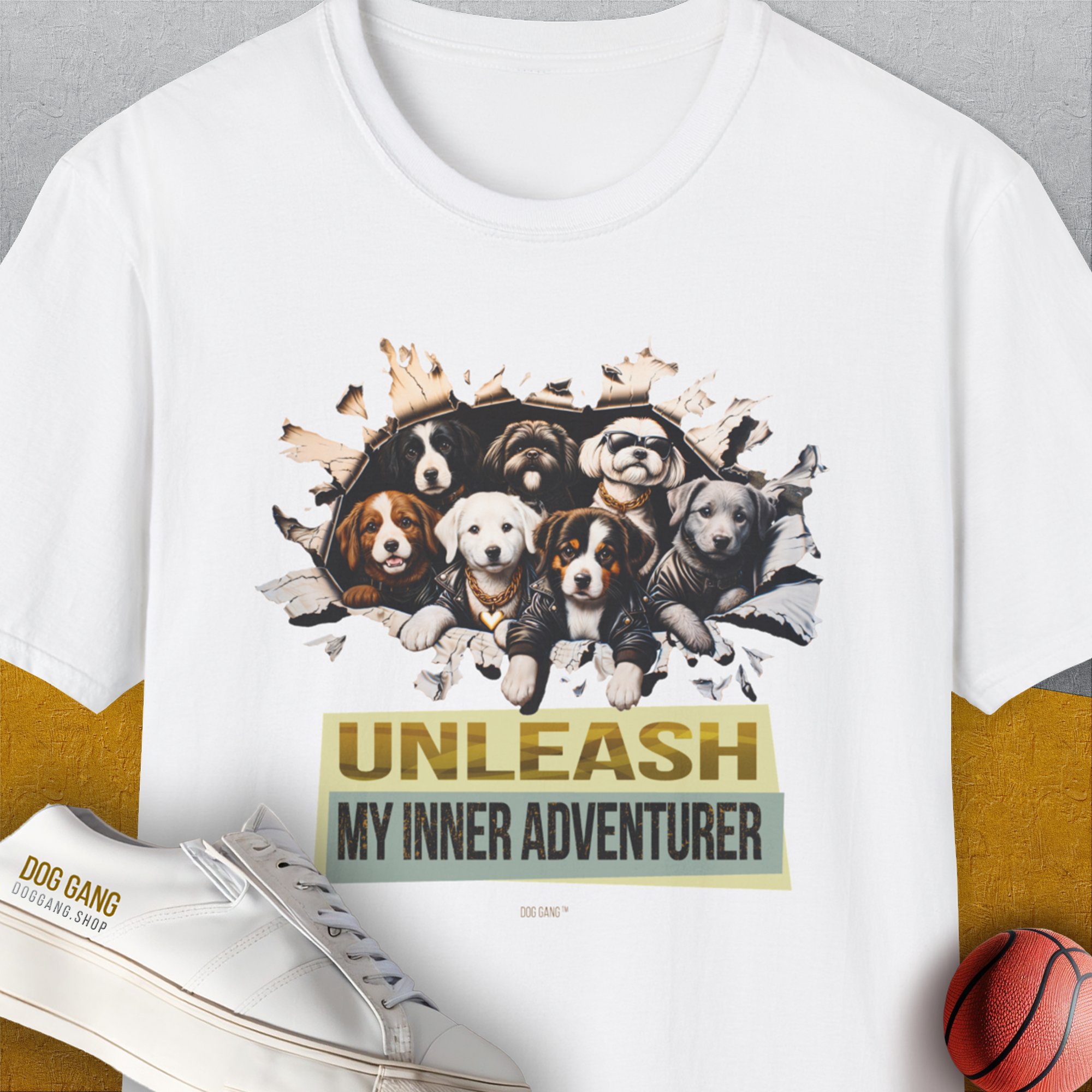 Unleash-Series (My Inner Adventurer), Volume 2, Unisex T-Shirt-White. A perfect gift for dog lovers and dog owners. Design by Dog Gang