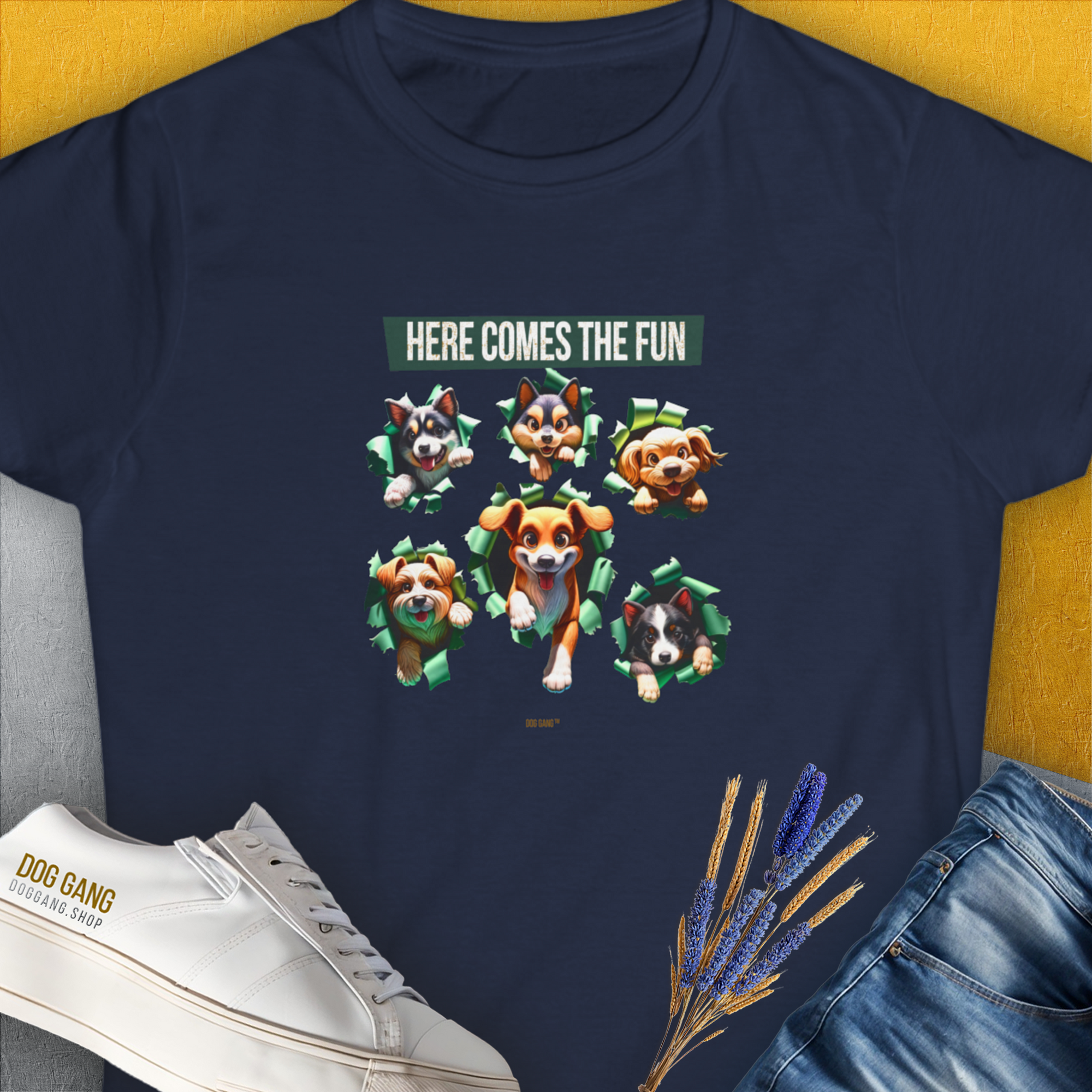This Womens T-Shirt features a funny dog design with cartoon dogs and playful text. Its from The Unleash-Series: Here Comes The Fun, Volume 4. Designed by Dog Gang.