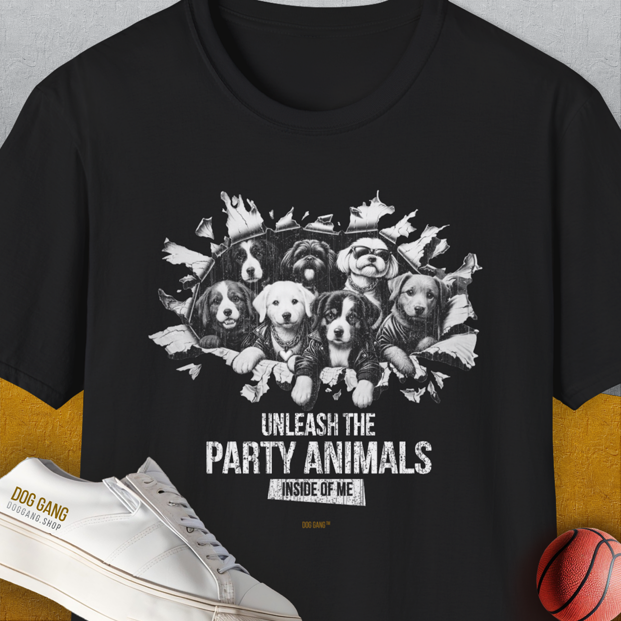 This funny dog shirt features a playful puppy graphic with the text Unleash the Party Animals. Designed by Dog Gang.