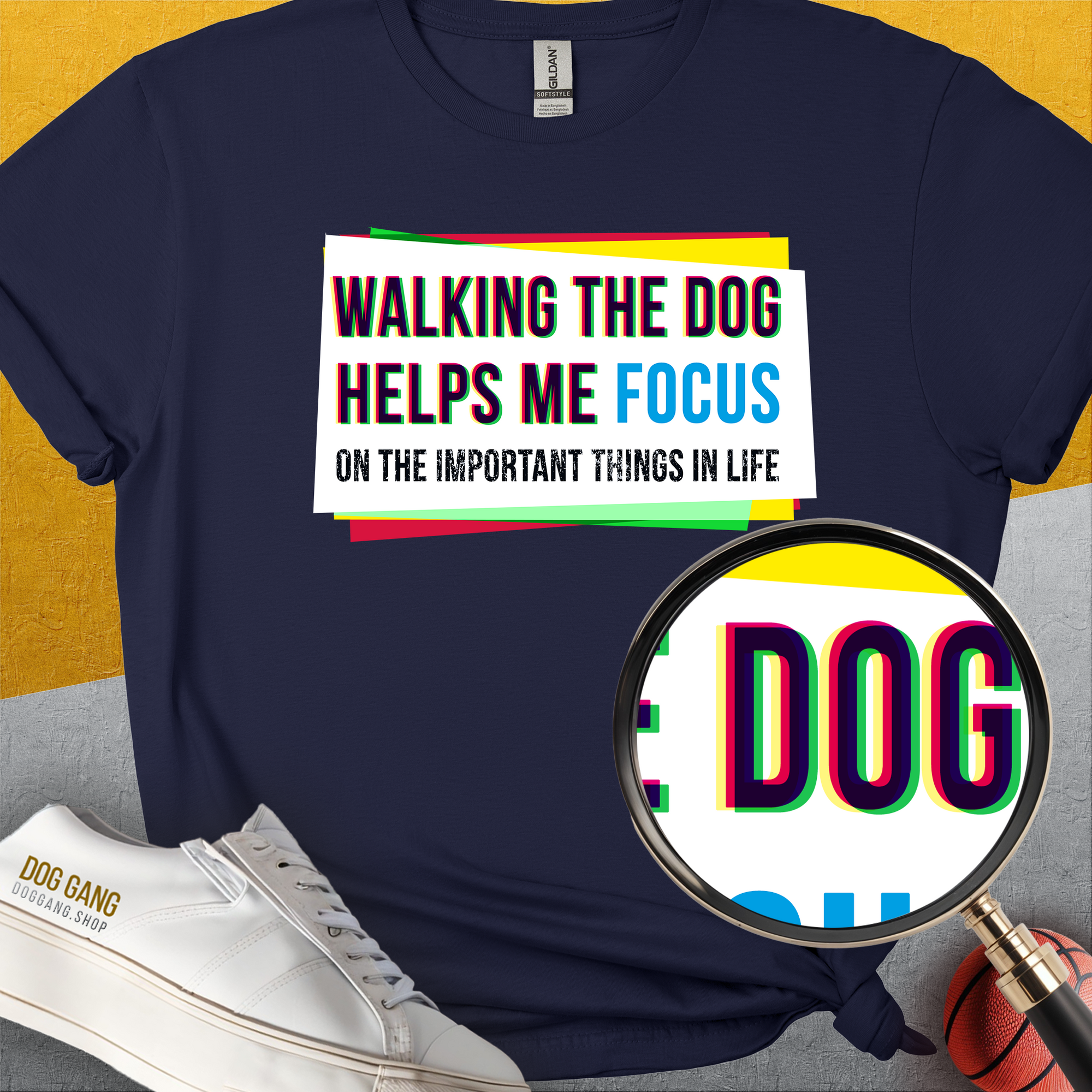 Navy Walking The Dog Series One, Volume 1 tee features the quote, Walking the dog helps me focus on the important things in life. Ideal for any dog lover. Designed by Dog Gang.