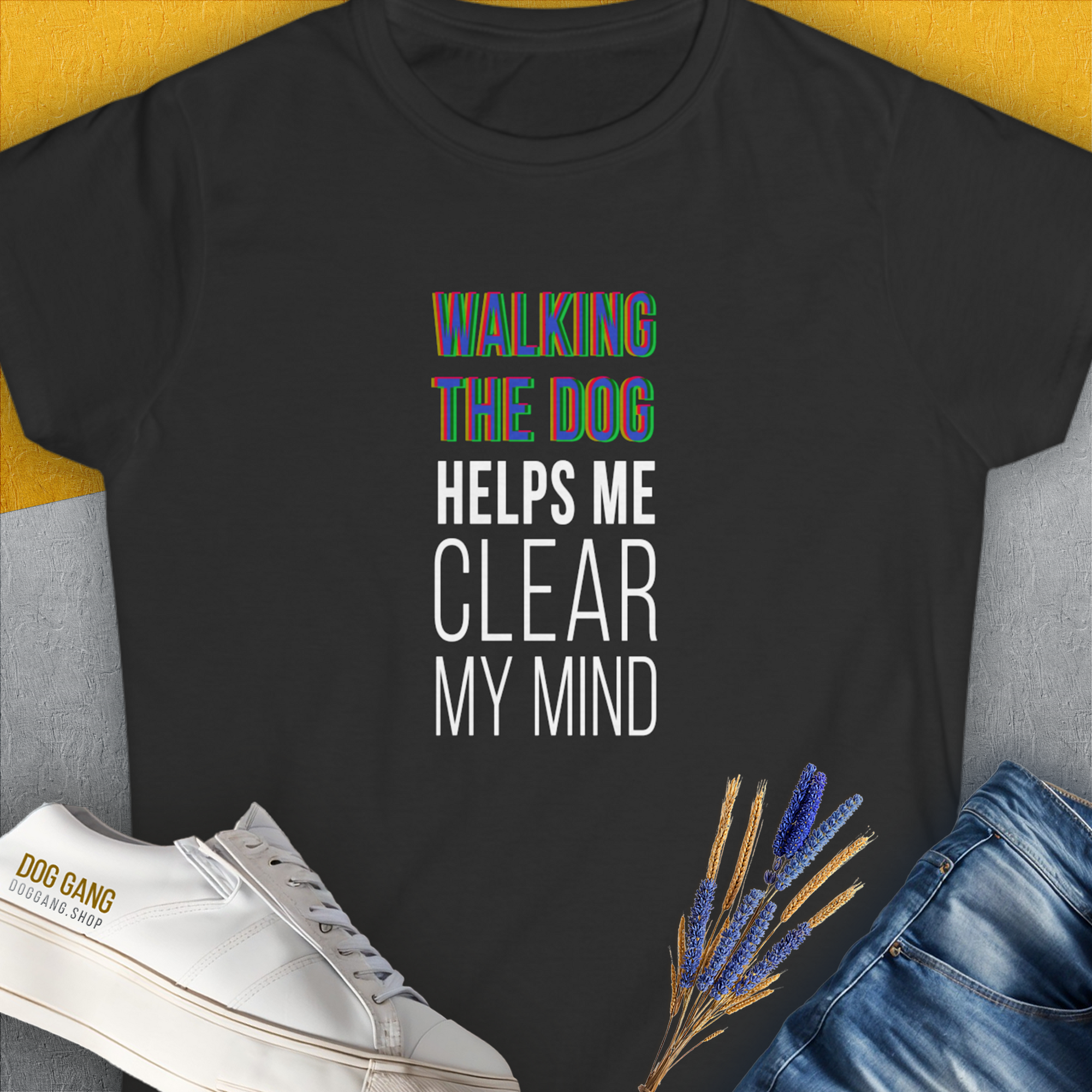 The shirt showcases a funny dog design with the quote: WALKING THE DOG HELPS ME CLEAR MY MIND. Designed by Dog Gang. Crafted from 100% ringspun cotton for comfort and style.